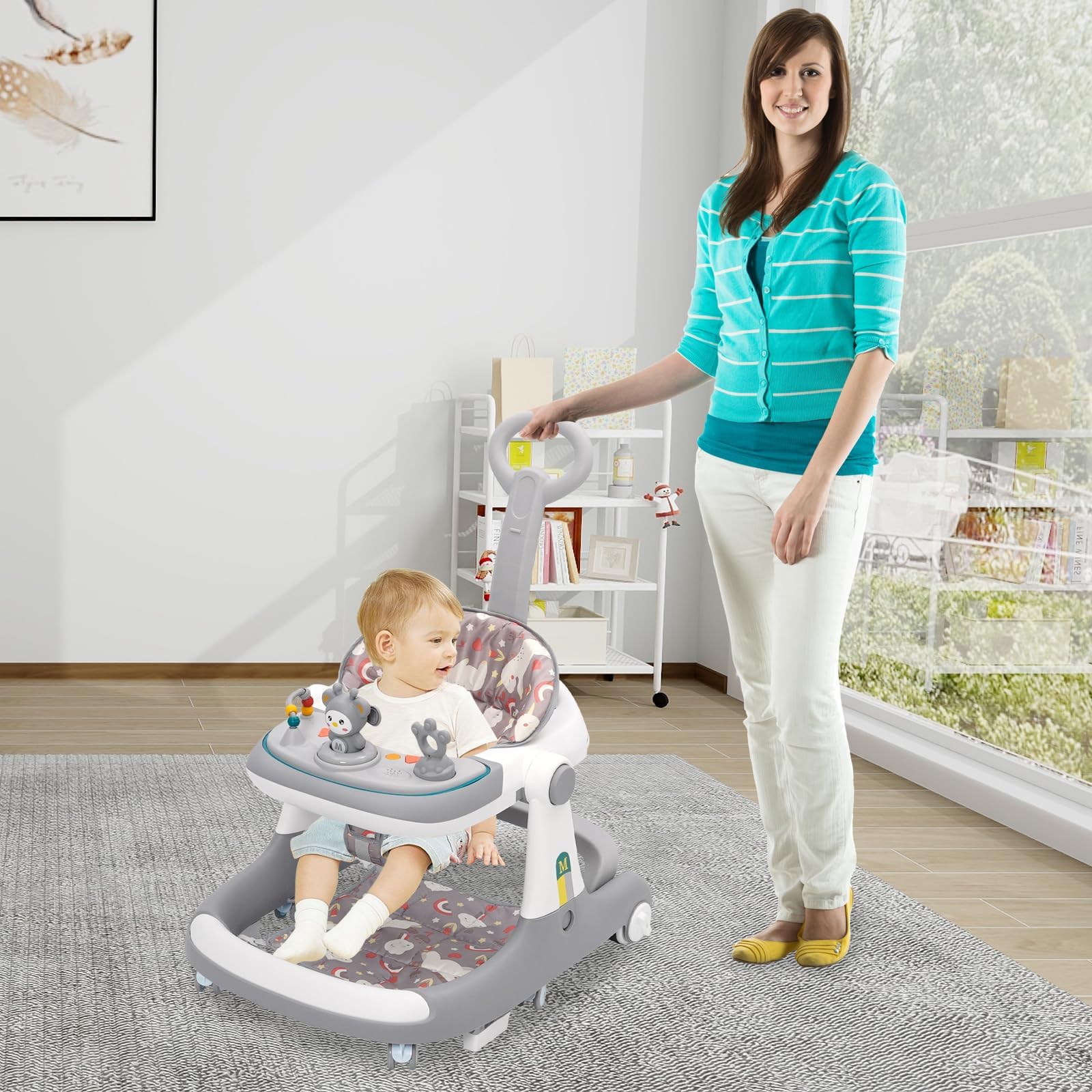 Trotteur Bébé Garçon Fille 6 Mois,Chariot de Marche Bébé Évolutif 3 en 1,Baby Walker Aide Marche Bébé,Apprendre à Marcher Trotteur Pousseur Gris