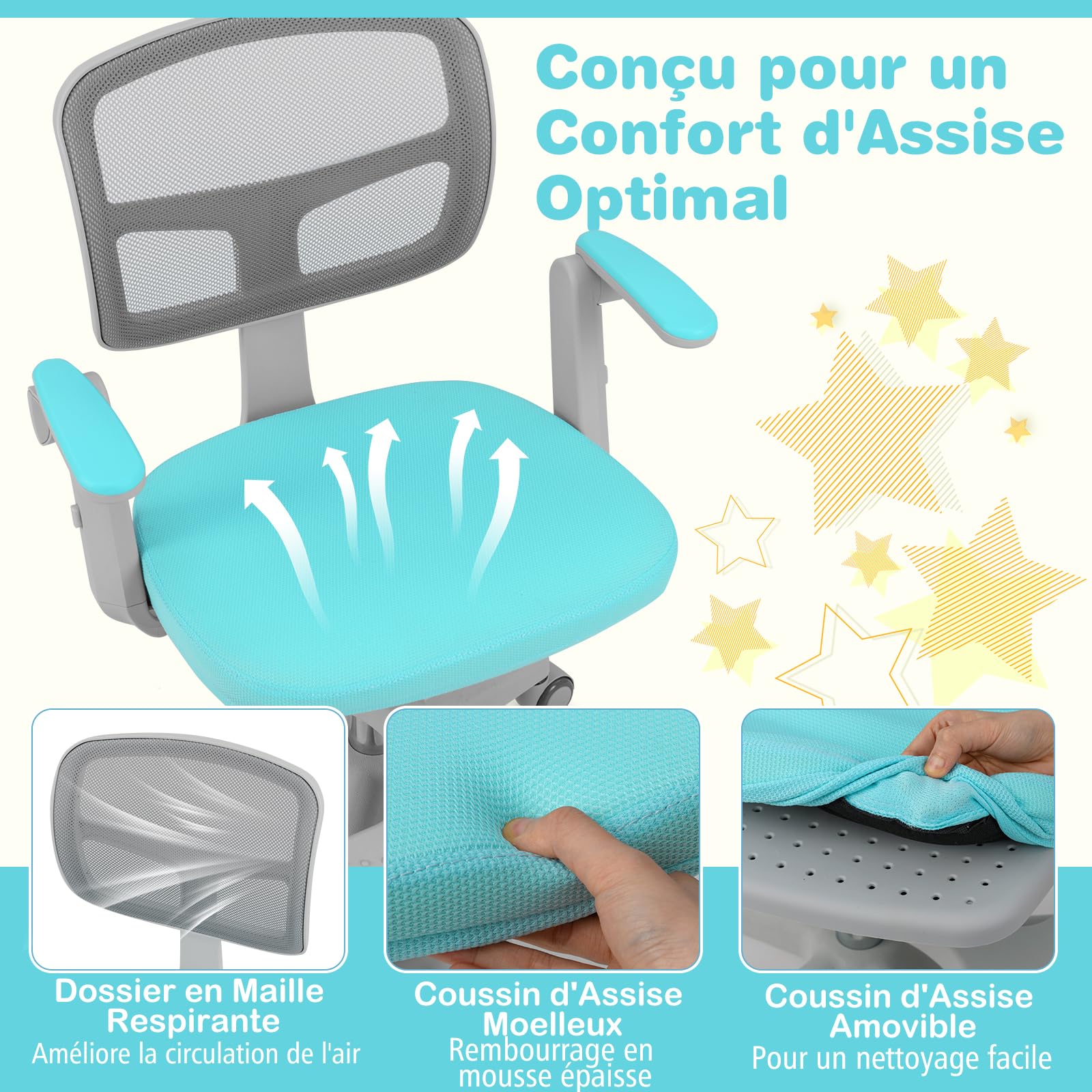 COSTWAY Chaise Bureau Enfant Pivotante avec Hauteur Réglable, Fauteuil Bureau Enfant avec Accoudoirs & Repose-Pieds Réglables, Dossier Ergonomique, Coussin Amovible, Charge 150 kg，3-15 Ans (Vert)