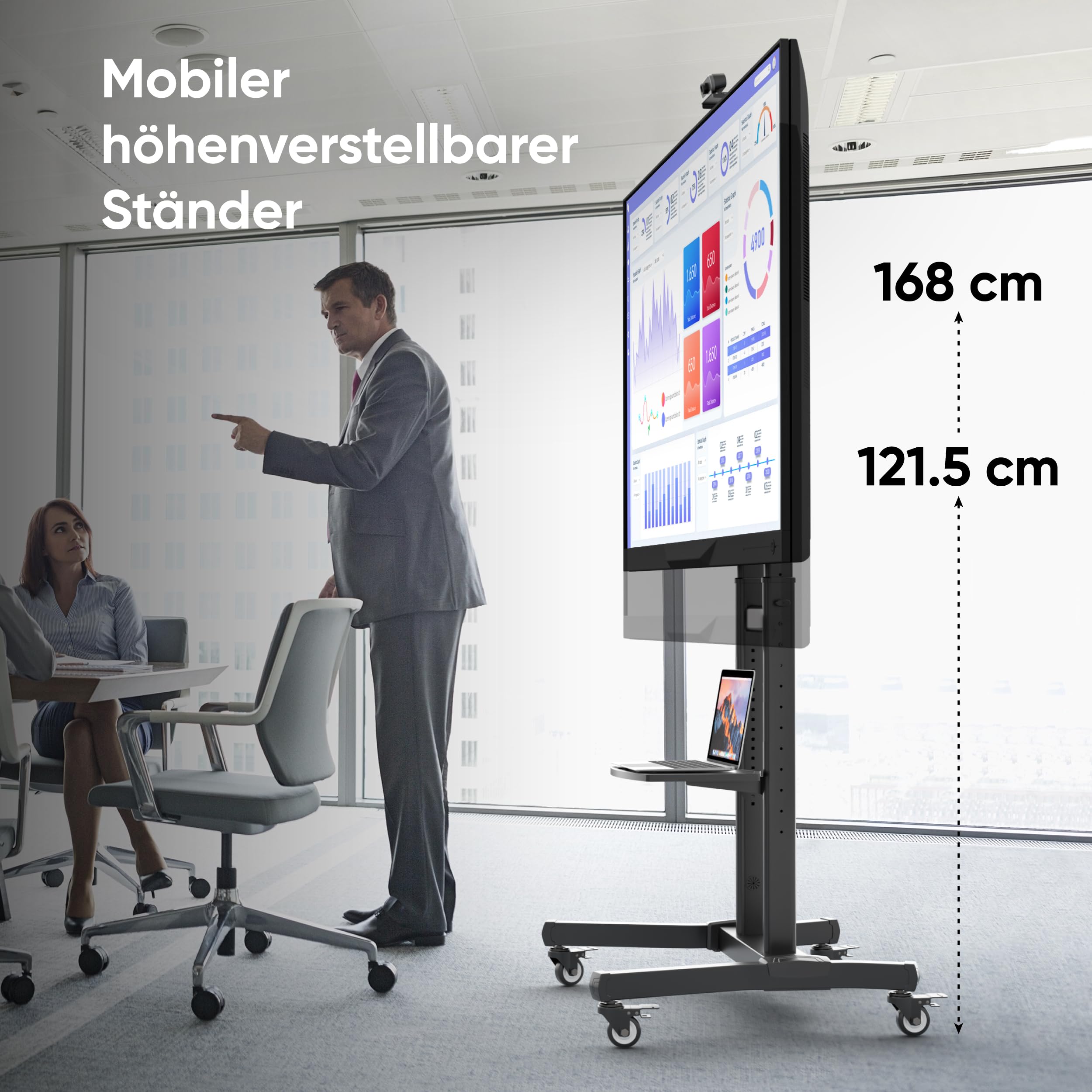 ONKRON TV Ständer rollbar für 50-90 Zoll Fernseher, max Last 100 kg, TV Standfuss höhenverstellbar neigbar, Fernseh Rollwagen max VESA 800x600, Fernsehständer mit Rollen, Ablage Schwarz TS1891-B
