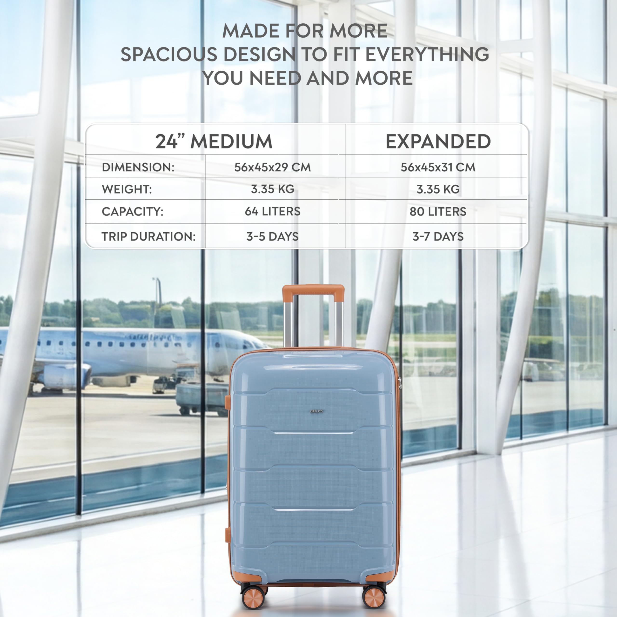 CRUW Medium 24" Checked Luggage 56x45x29cm + Expandable Hold Baggage (64/80 Liters) Polypropylene Suitcase TSA Approved Lock 8 Silent Spinner Wheels Lightweight Suitcases Airline-Approved Travel