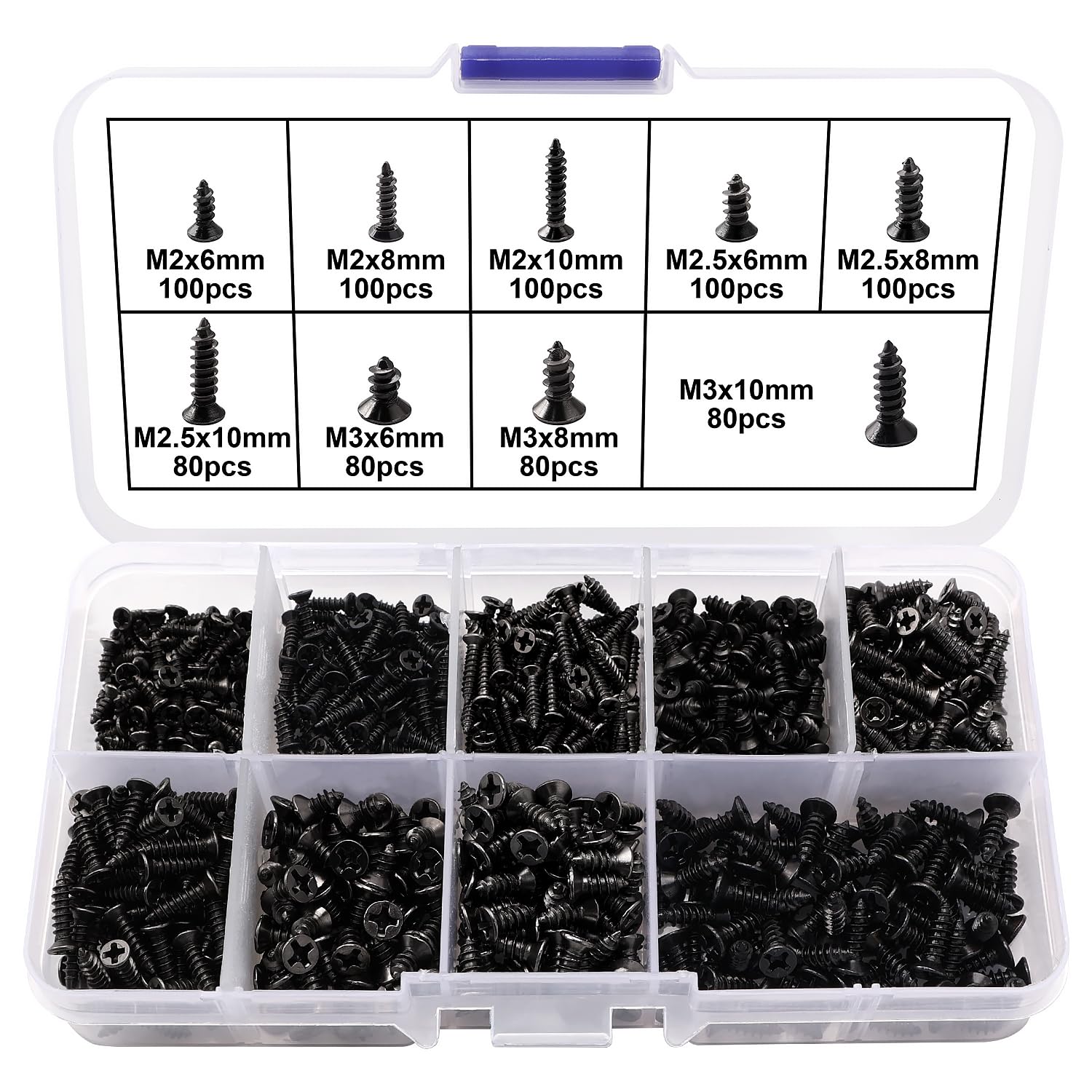 VooGenzek 820 PCS M2 M2.5 M3 Small Wood Screws Kit, Countersunk Cross Head Tapping Screws, Micro Fasteners Screw Set, for Wood, Drywall, Furniture, Repairing (Black Miniature)