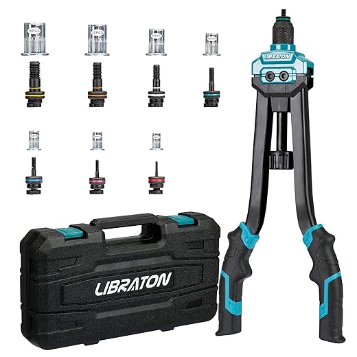 Libraton Remachadora de Tuercas, Remachadora de 16" Kit, Pistola Remachadora Profesional Manual con 7 Mandriles Intercambiables y 70 Tuercas, con Caja