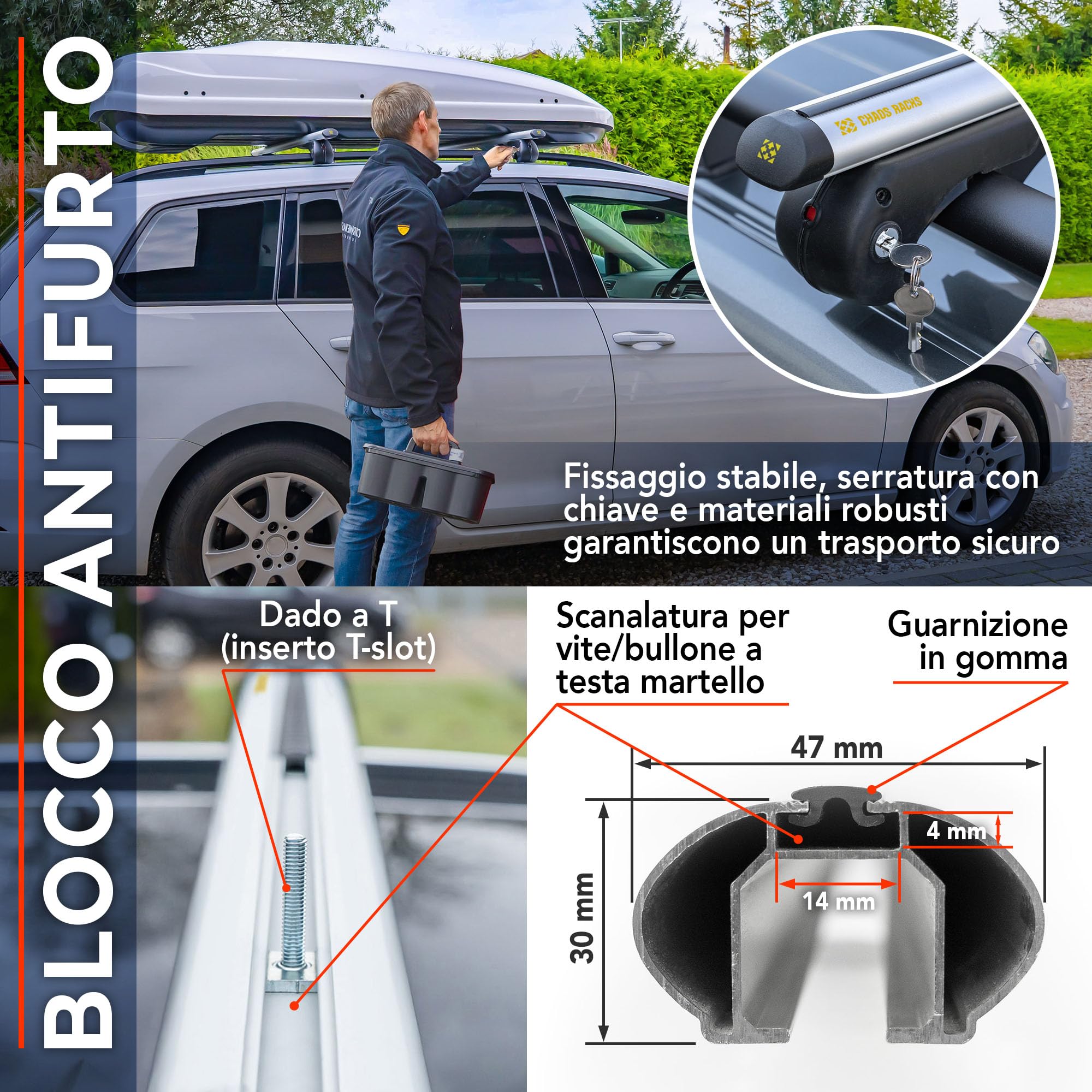 CHAOS RACKS | Universale Portapacchi da Tetto per Barre Longitudinali Aperte; Barre Portatutto | Trasporta in Sicurezza Box da Tetto, Portabici | Struttura Leggera e Resistente in Alluminio | 120 cm