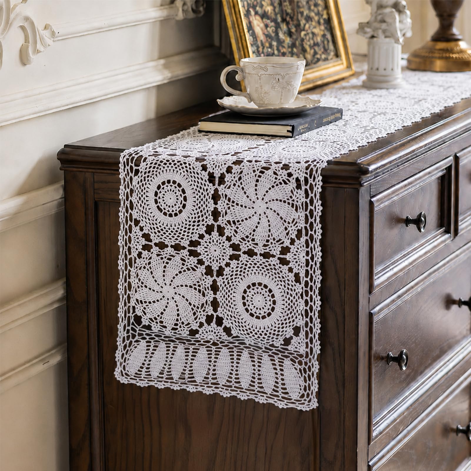 kilofly Handmade Crochet Cotton Rectangular Table Runner, 15 x 43 inch, White