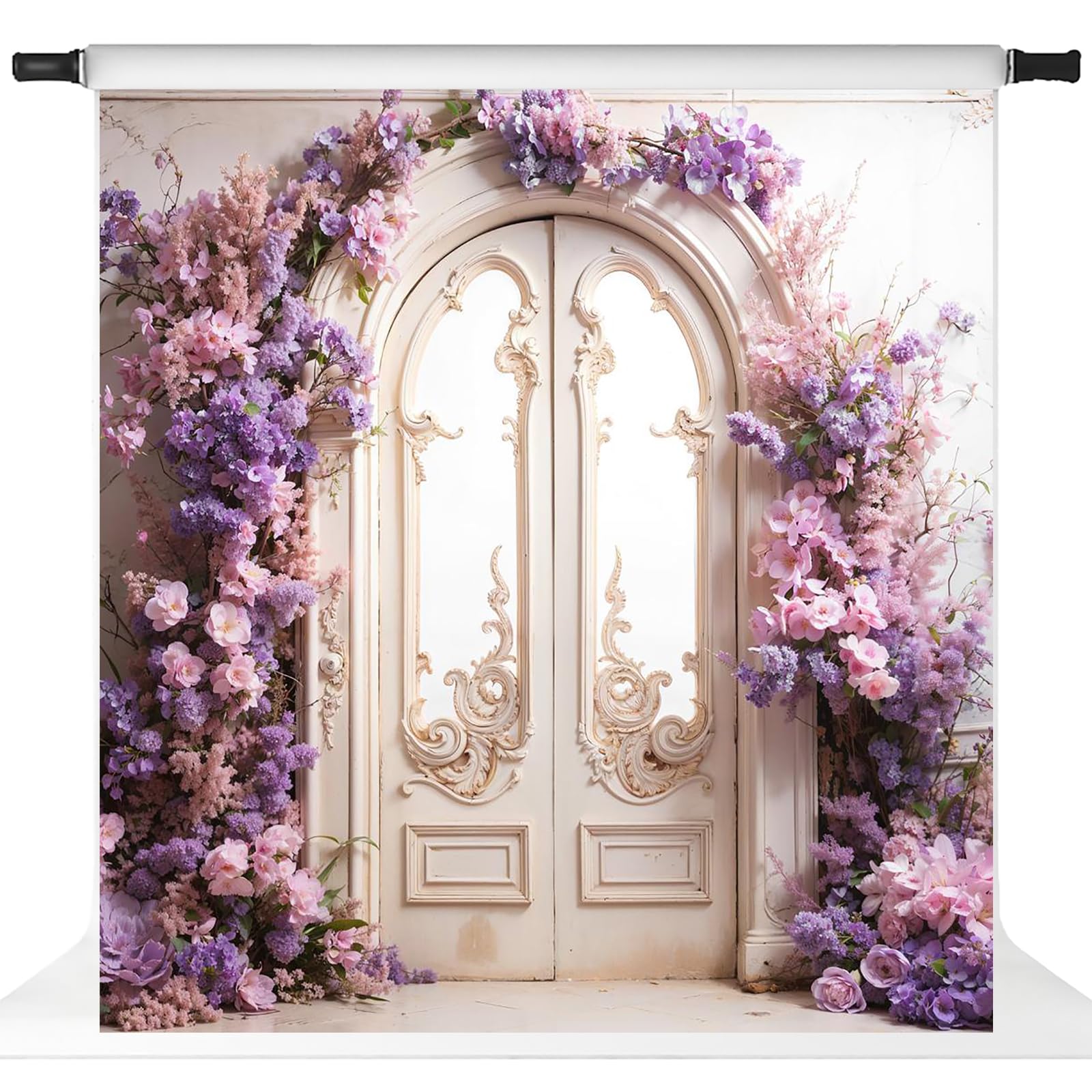Kate Purple Painted Floral Door Backdrop for Photography Retro White Wall Background for Pregnant Photo Fabric Props (10x10ft)
