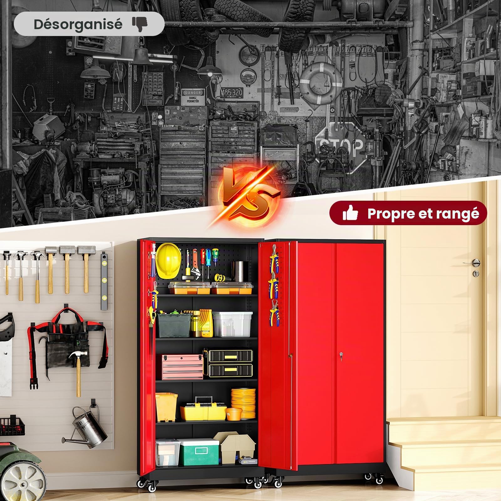 Sightlife Armoire Garage avec pegboard, Armoire à Outils en métal avec roulettes,78 x 78 x 179 cm, tôle d'acier, 4 Étagères Réglables avec 2 serrures, en Métal,Rouge