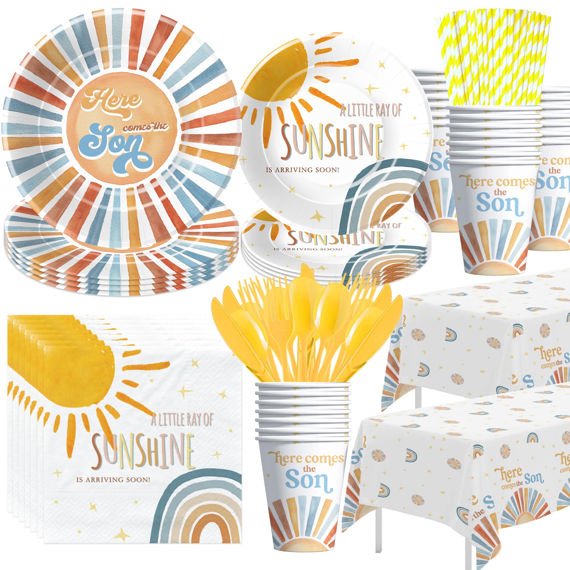 YJRJSC Here Comes The Son Baby Shower Decorations Tableware Boy, Boho Rainbow Sun Baby Shower Party Supplies, Plate, Cup, Napkin, Tablecloth, Cutlery,