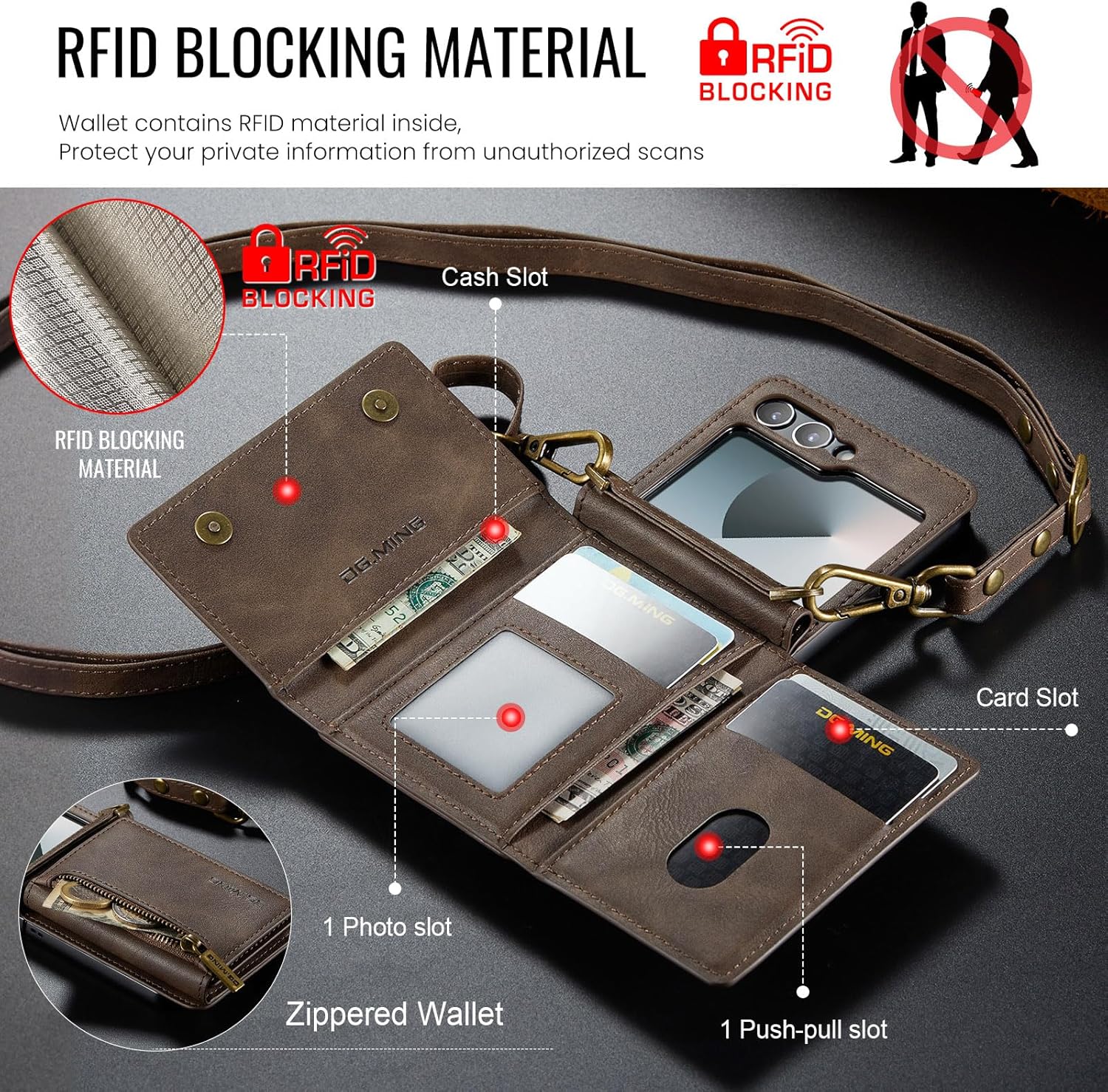 Compatible with Samsung Galaxy Z Flip 6 Phone Case， Upgraded Zipper Design， Leather Folding Wallet Phone Cases with Shoulder Strap,Leather Pocket Phone Cases (Coffee)