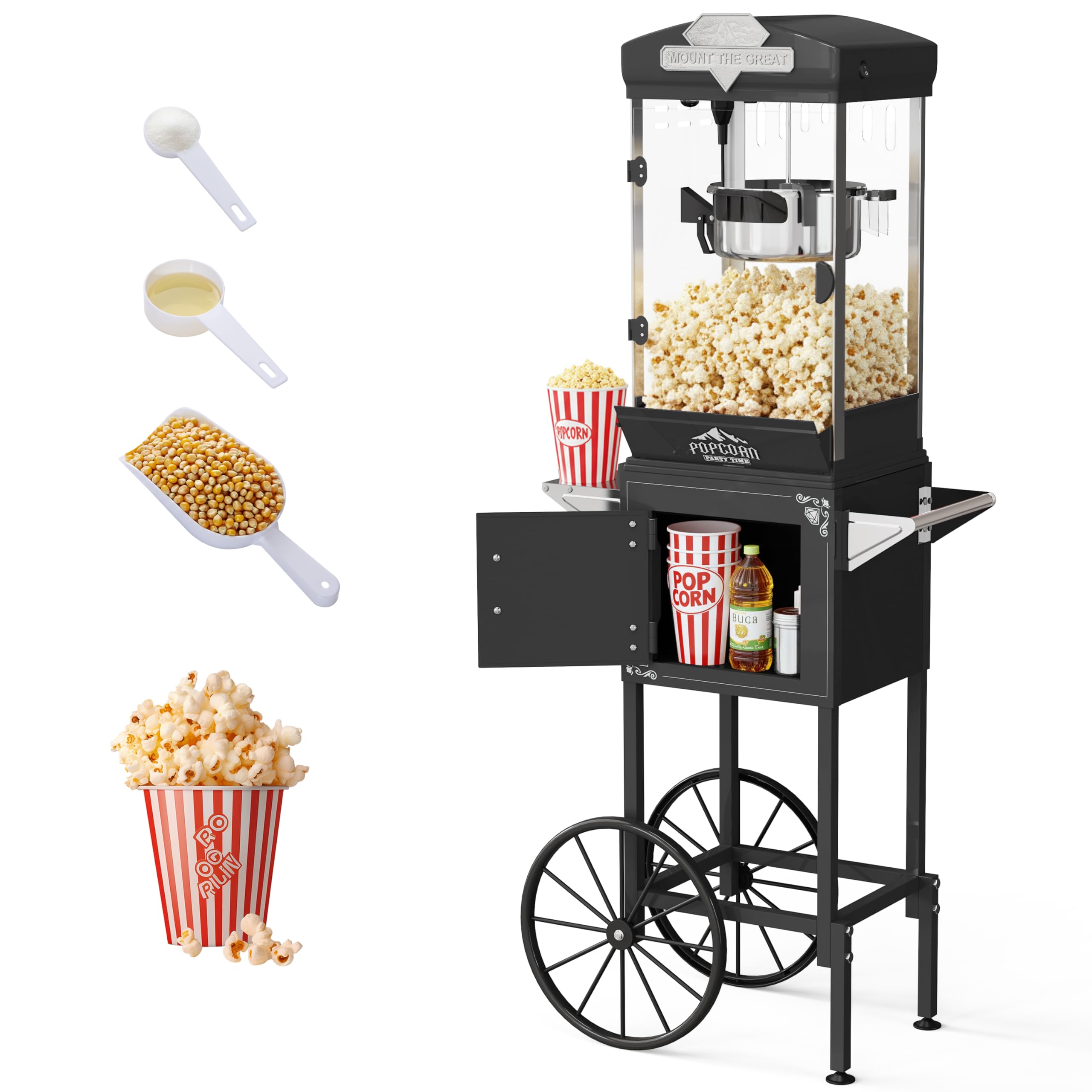 HUGROVE 10oz Popcorn Machine with Cart, 480W Vintage Popcorn Maker for Home &amp; Commercial, Stainless Steel Kettle, One-Touch Operation, Popcorn Popper for Party &amp; Movie Night (Red, 10oz) (Black)