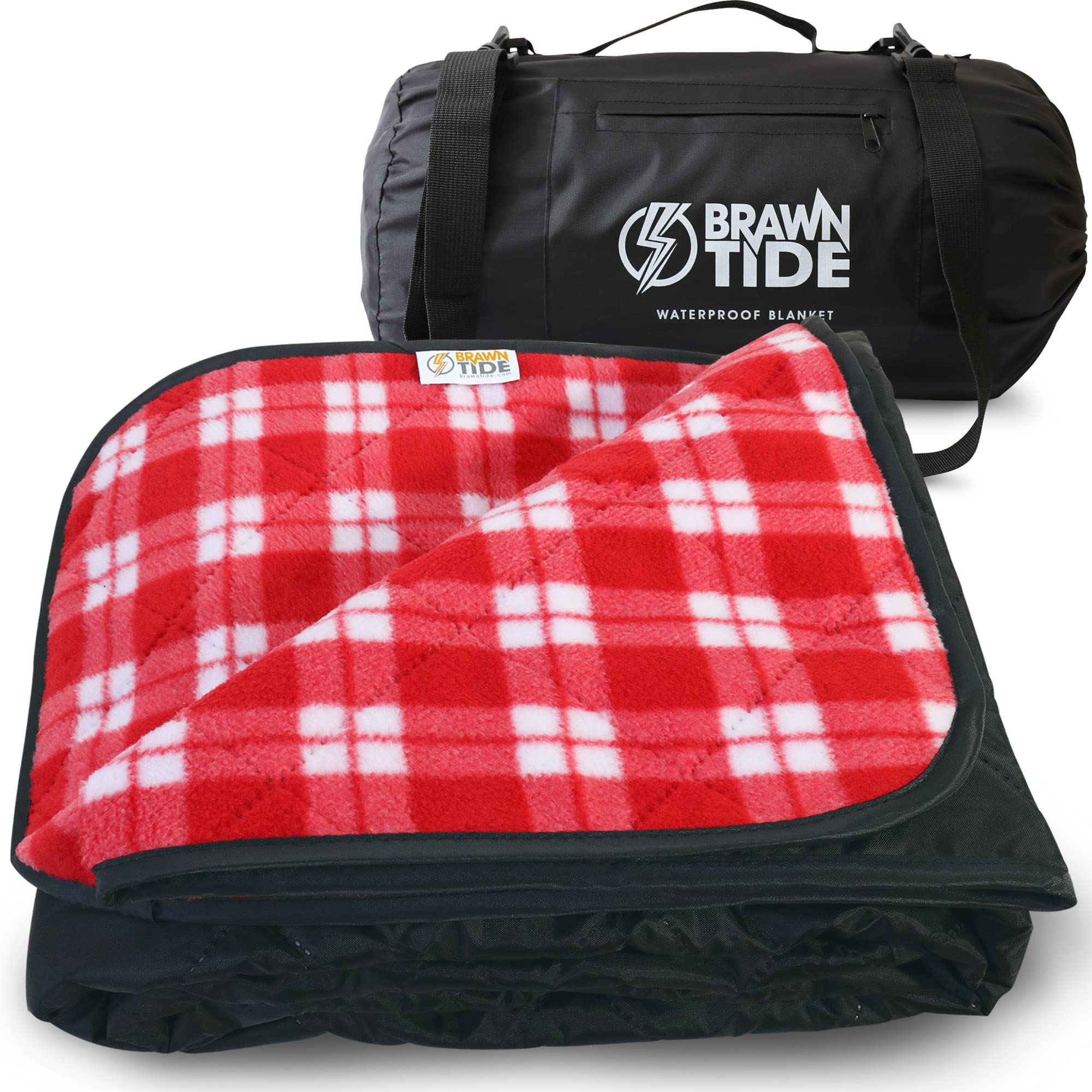 BRAWNTIDE Large Outdoor Waterproof Blanket - Quilted, Extra Thick Fleece, Warm, Windproof, Sandproof, Includes Stuff Sack, Shoulder Strap, Ideal for Beaches, Picnics, Camping, Stadiums, Dogs, Car