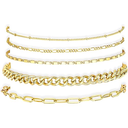 Ankle Bracelets for Women, 14k Gold Plated Jewelry Set Waterproof Layered Cuban Figaro Link Chain Anklets Set Gold Anklets Summer Boho Beach Jewelry Gift Adjustable Size