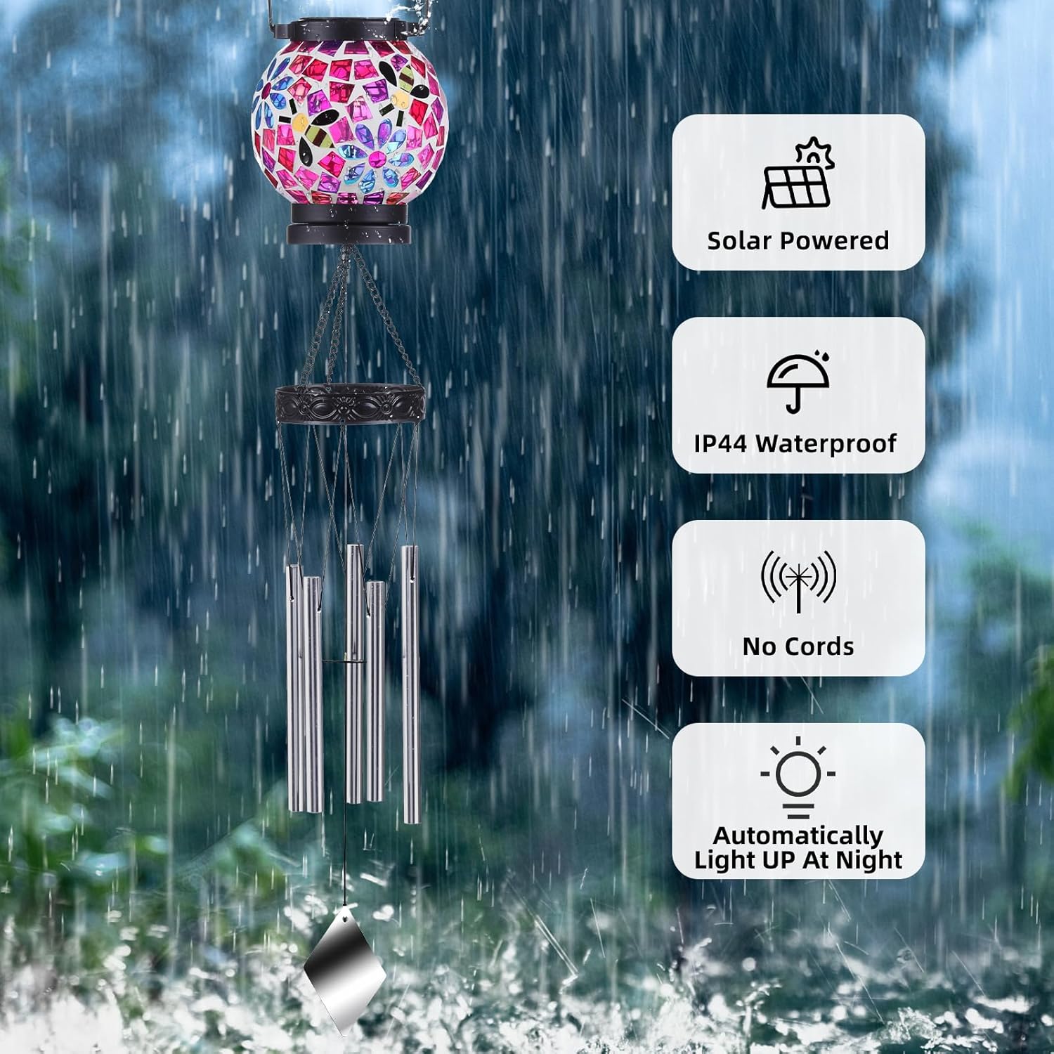VOREEN Solar Wind Chimes for Outdoor, Handmade Mosaic Glass Solar Light Outdoor Waterproof Lantern, Gift for Mom Wife Friend, Window Decor for Patio Yard Balcony, with Flowers & Bees, 29" Pink