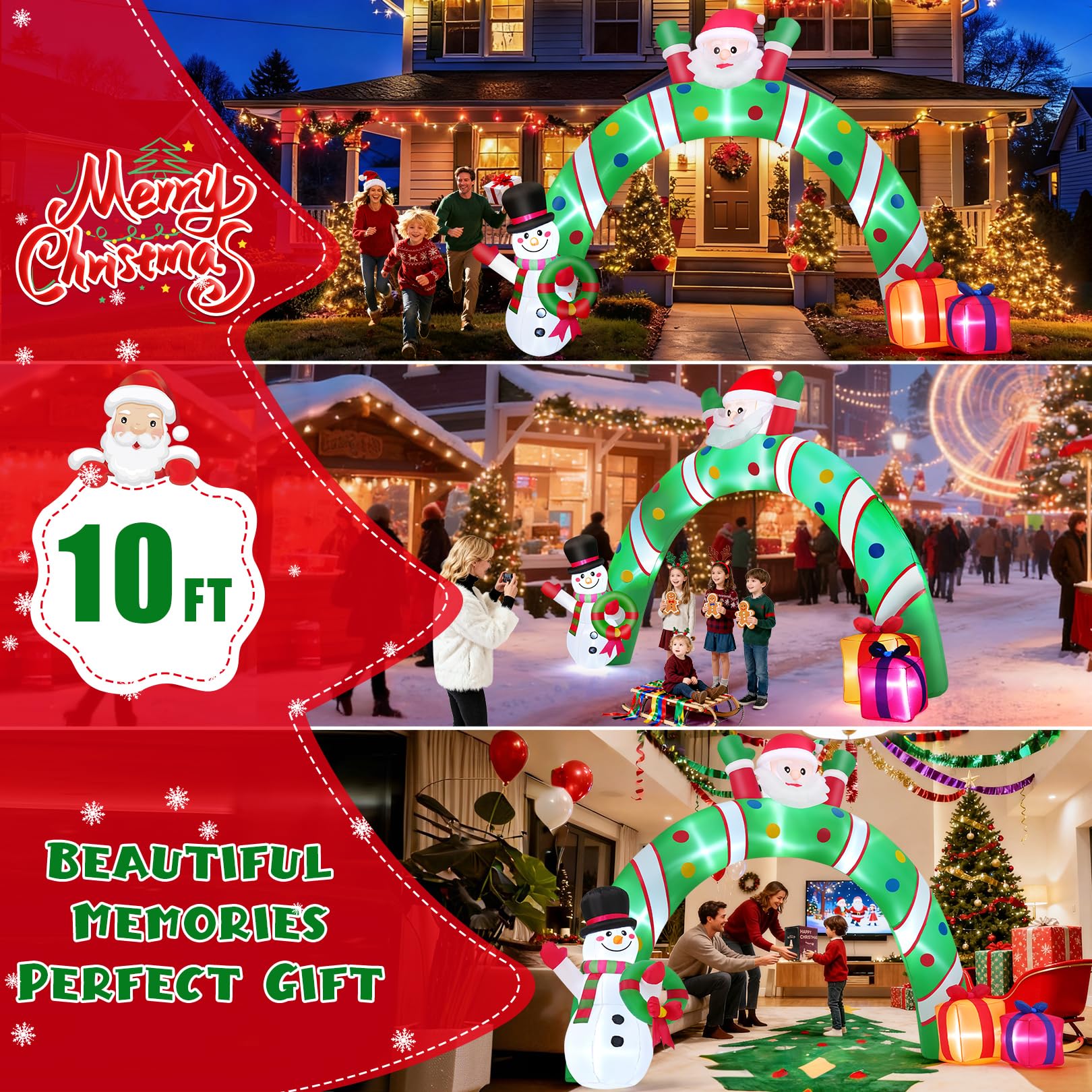 Arche gonflable de Noël de 3 m - Décoration extérieure géante - Père Noël - Avec bonhomme de neige et boîte cadeau - Effet d'éclairage LED en croix intégré pour Noël, fête, cour, jardin, pelouse