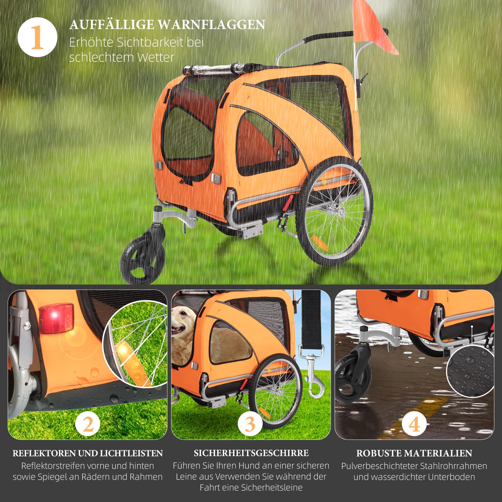 XL Hundeanhänger Fahrrad & Jogger 2-in-1 mit Handbremse und Reflektoren, stabiles 600D Oxford-Gewebe, Hundetransporter bis 40 kg
