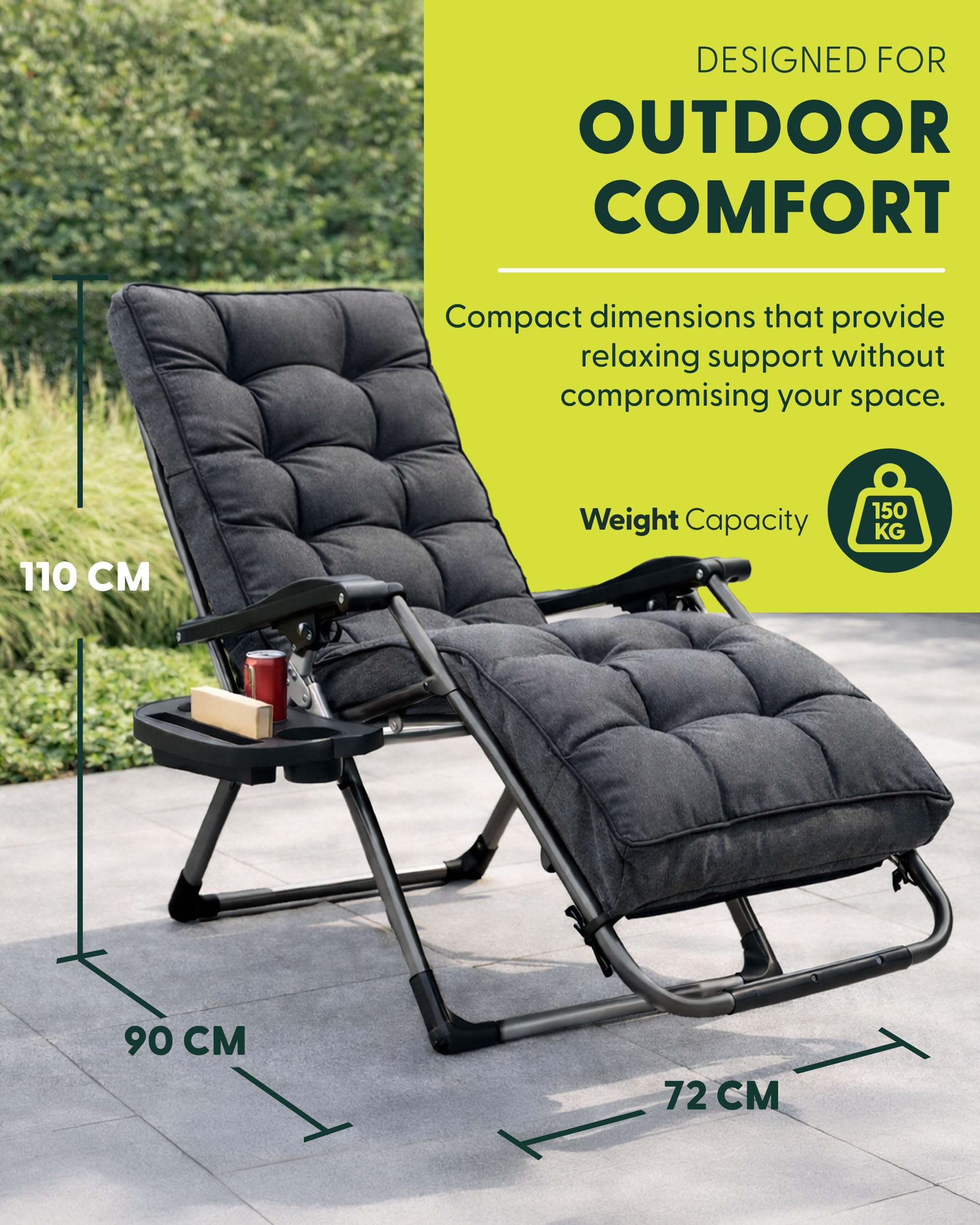 KEPLIN Square Tube Gravity Chair with Cushion 1 Pack – Extra Wide 72cm Zero Gravity Reclining Garden Chair, Reinforced Frame Supports 150kg, Locking System, Cup Holder, Foldable Sun Lounger — view 2