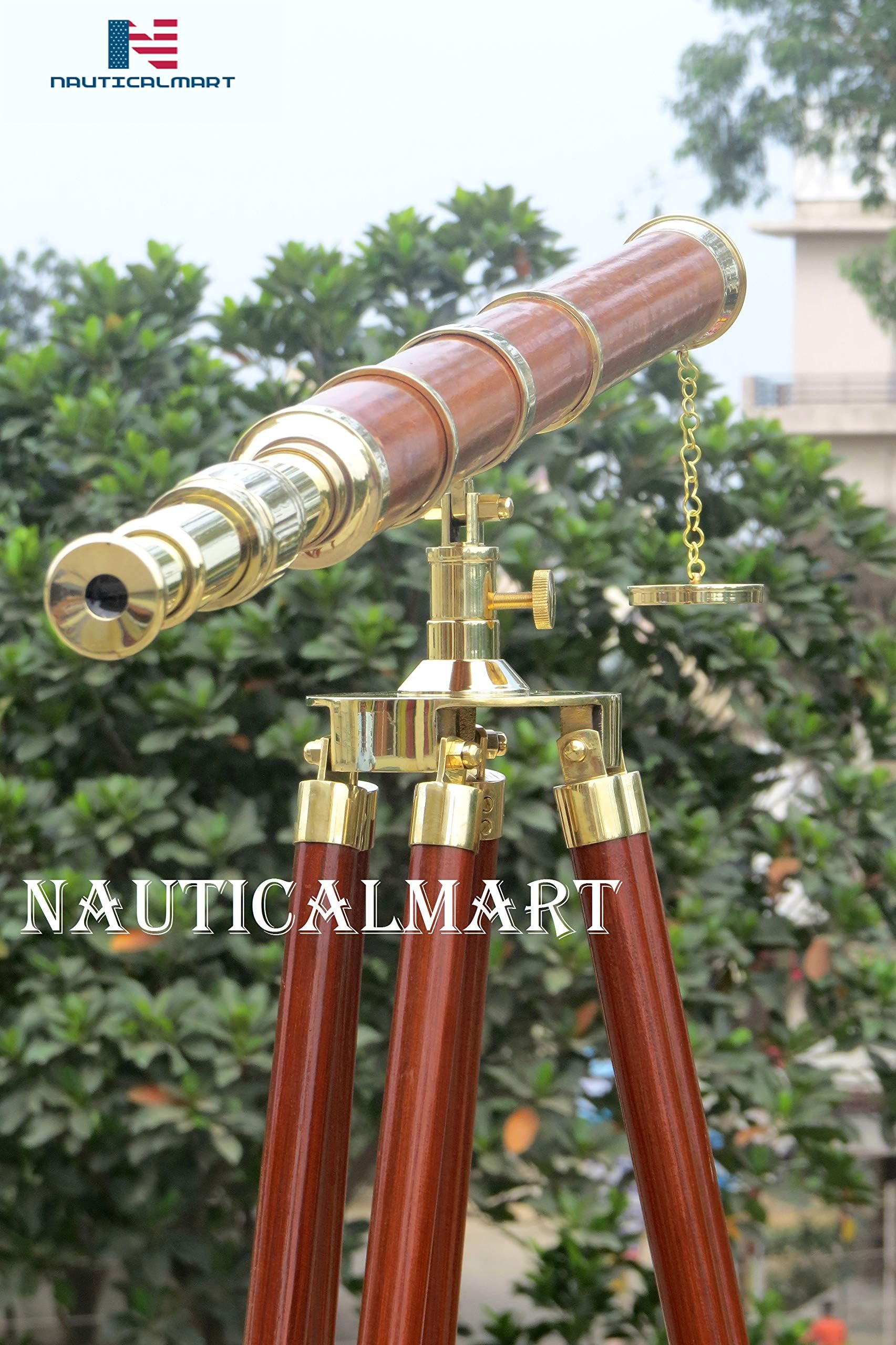 NauticalMart Floor Standing Brass - Wood Admiral Telescope 60