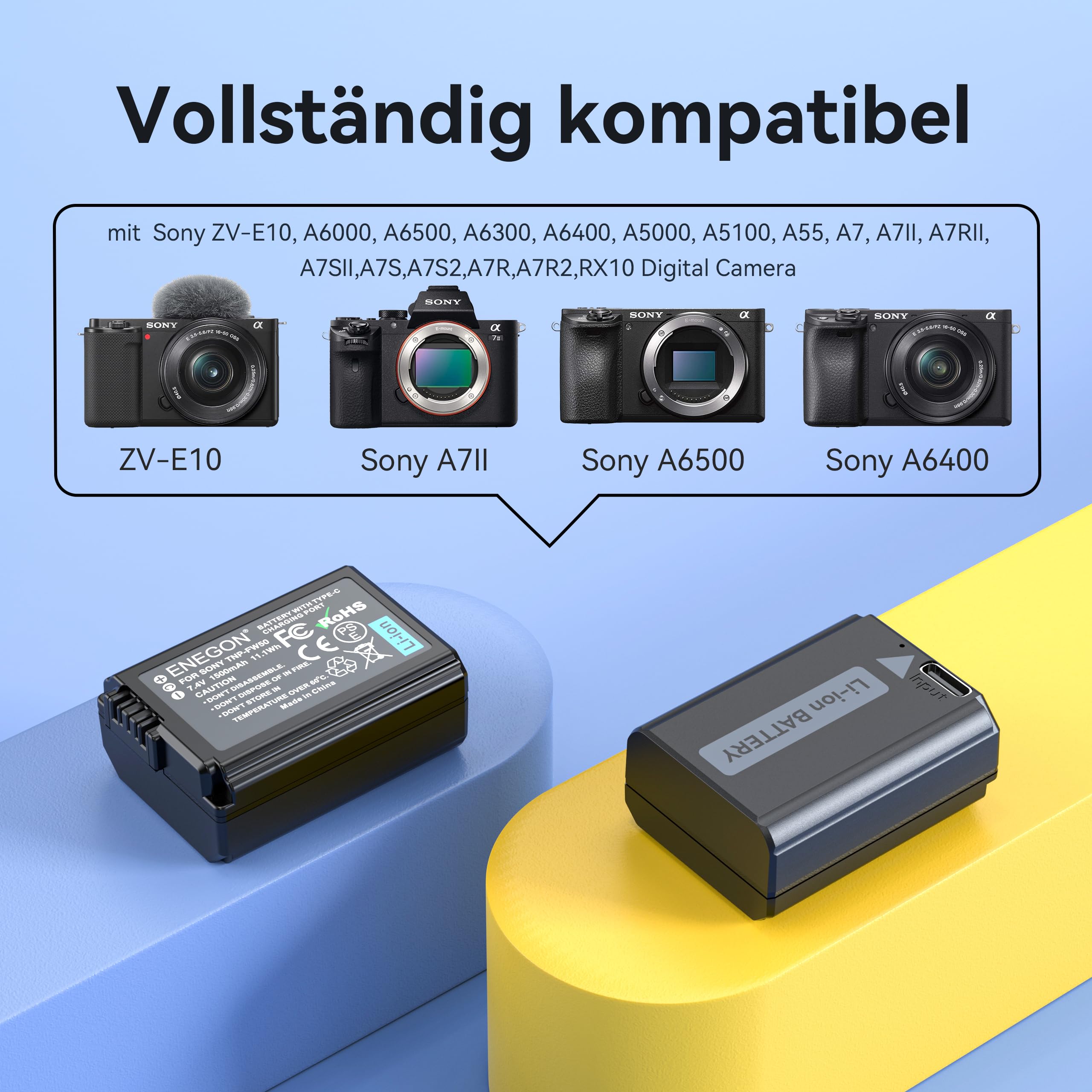 ENEGON NP-FW50 Direktlade-Ersatzbatterien 1500mAh (2er-Pack) mit 2-in-1-USB-C-Ladekabel für Sony ZV-E10,NEX 3/5/7&SLT-A Serie,Sony A7, A7SII, A7R, A7RII,A3000,A6000,A6500,A6300,A6400 A55,A5100,RX10II
