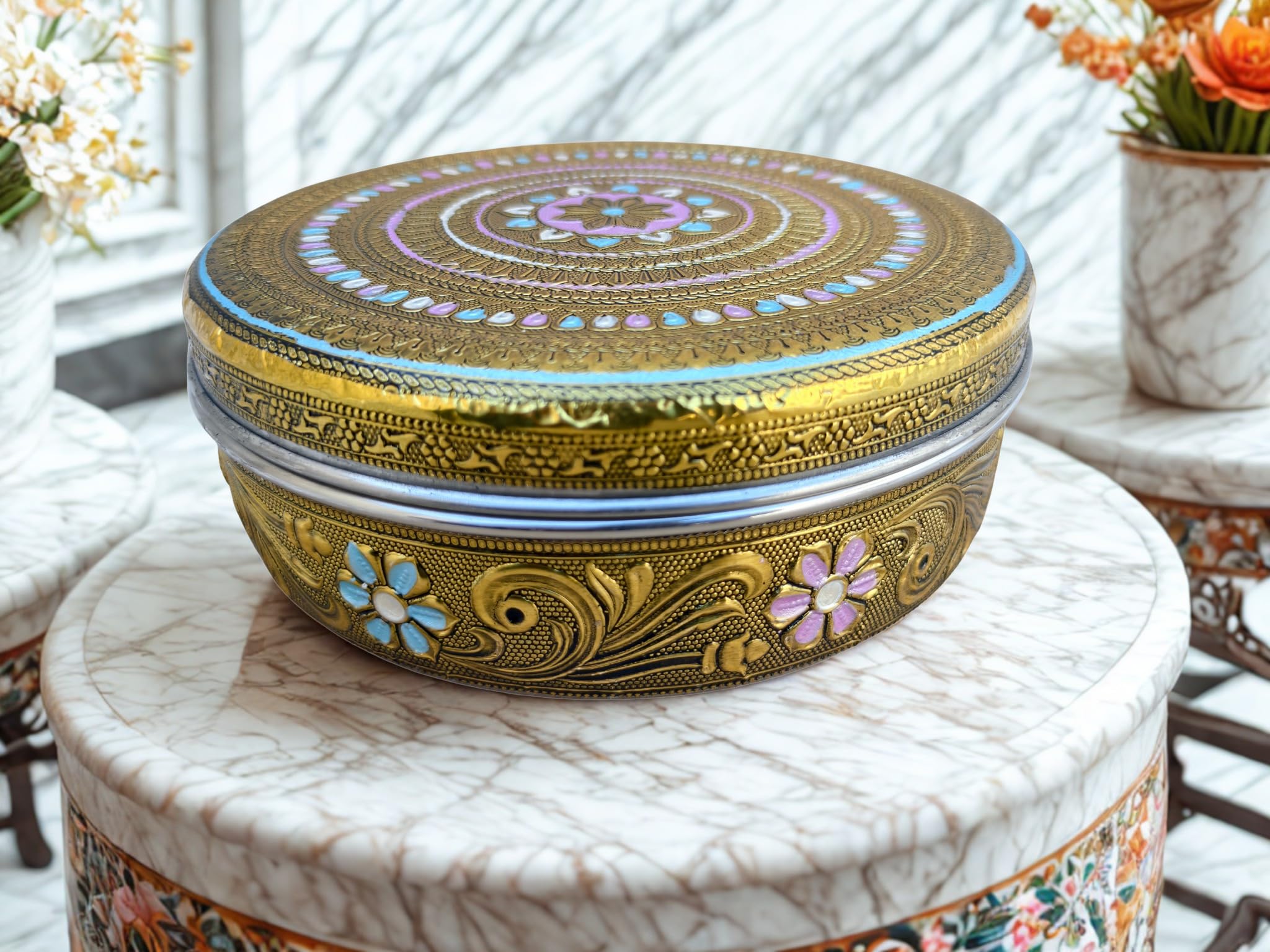 Meenakari Stainless Steel Storage Box | Chapati, Dry Fruit Box, Mithai & Namkeen Container | Airtight Food Storage | Decorative Return Gift For Marriage, Diwali, Wedding. (Gold)-image-28