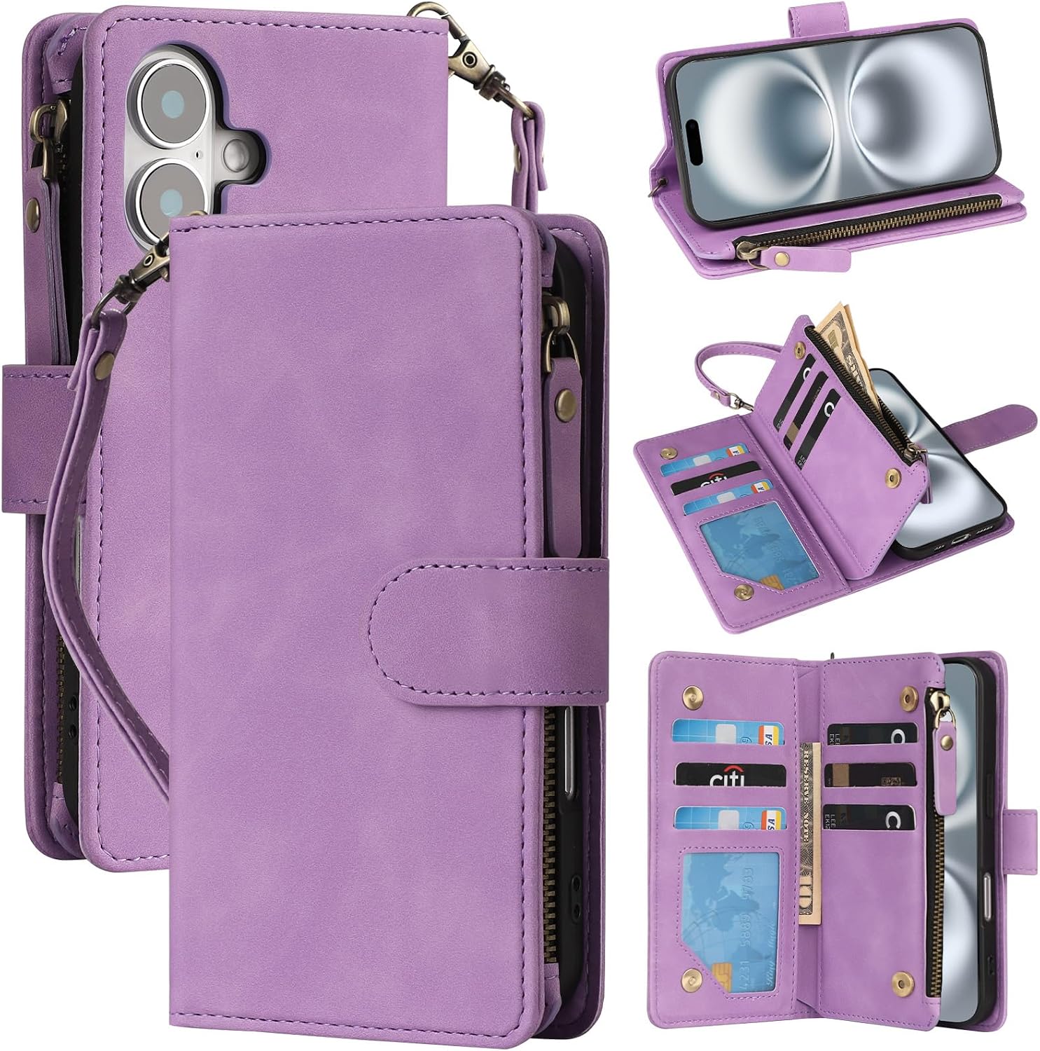 ranyok compatible with iphone 16 case wallet - pu leather wallet case for iphone 16 with credit card holder rfid blocking zipper pocket with wrist strap flip folio protective case (purple)