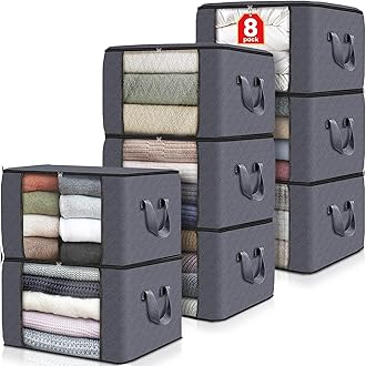 Fab totes 8 Pack Clothes Storage, Foldable Thick Fabric Blanket Storage Bags, Containers for Organizing Bedroom, Closet, Clothing, Comforter,Closet Organization with Handle,Grey