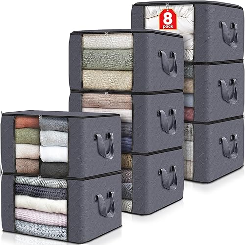 Fab totes 8 Pack Clothes Storage, Foldable Thick Fabric Blanket Storage Bags, Storage Containers for Organizing Bedroom, Closet, Clothing, Comforter, Organization and Storage with Handle,Grey