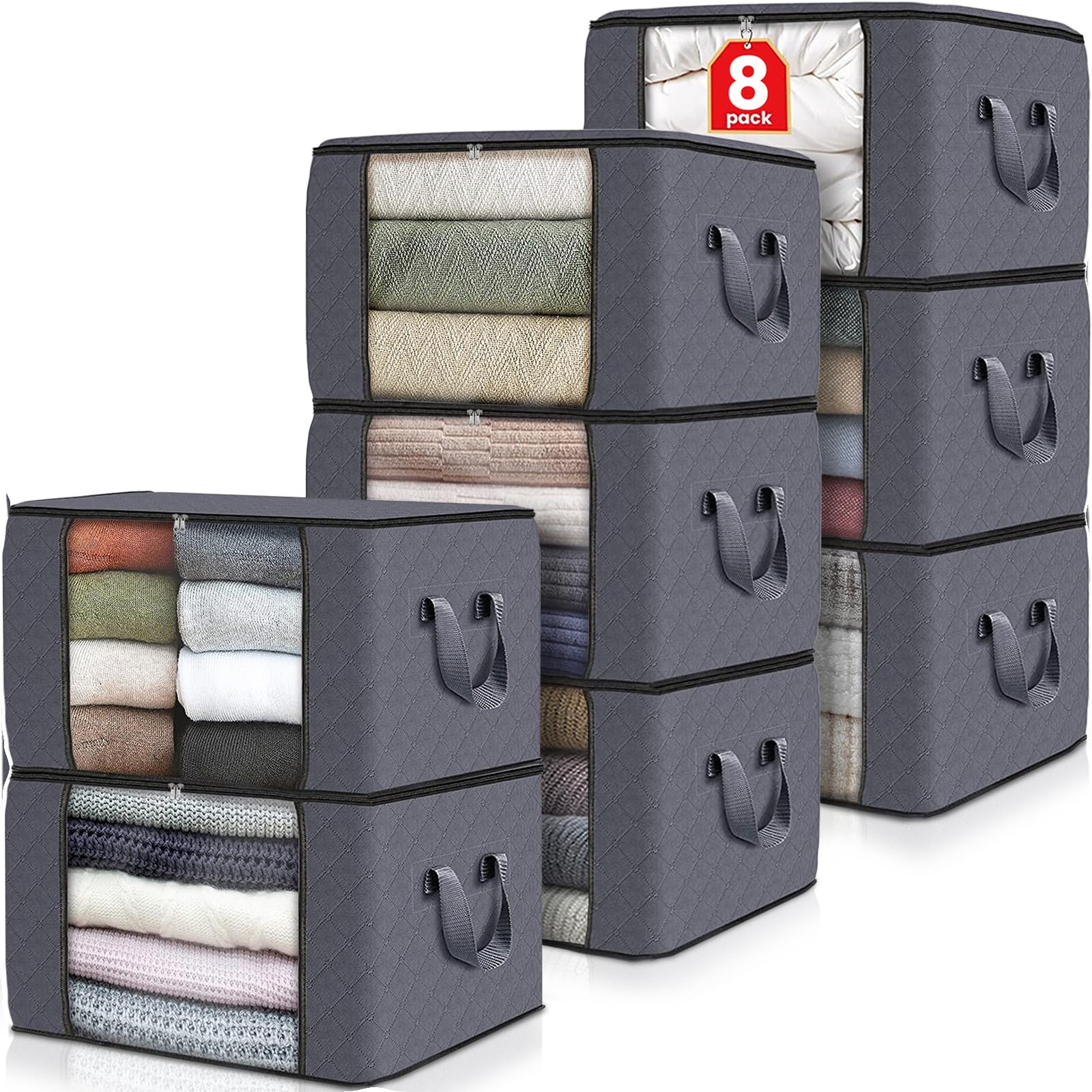 Fab totes 8 Pack Clothes Storage, Foldable Thick Fabric Blanket Storage Bags, Containers for Organizing Bedroom, Closet, Clothing, Comforter,Closet Organization with Handle,Grey