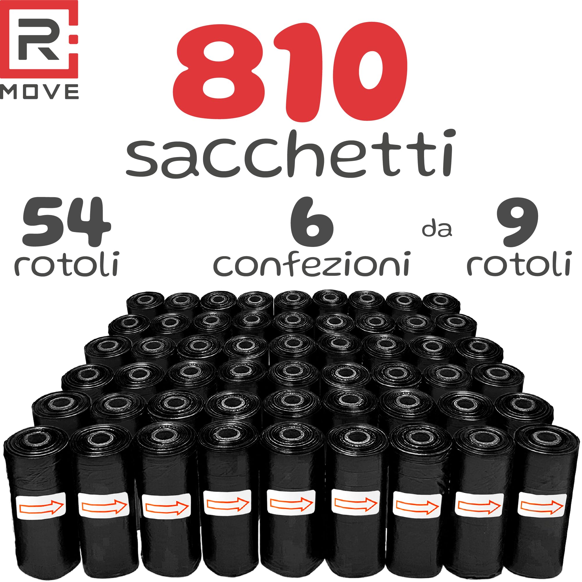 R MOVE Sacchetti Cane Cacca 810 pz (54 Rotoli) - Sacchettini Igienici per Cani, bustine per cani, dog poop bags resistenti antiforatura, 30x23 cm 2,5 Litri compatibili con tutti i porta rotoli
