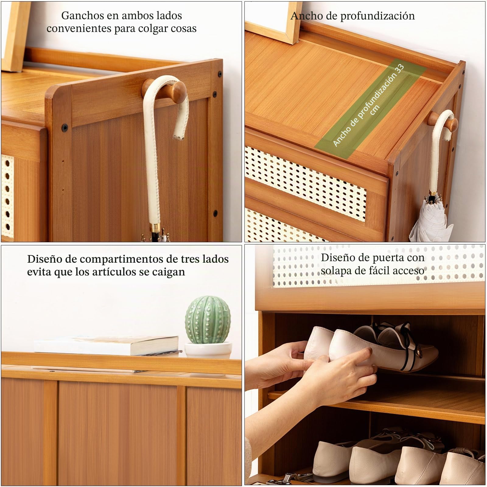 Genérico Mueble Zapatero de Bambú con Puertas Abatibles, Armario Zapatero Organizador con 2 Ganchos, Organizador de Zapatospara Pasillo Sala de Estar, Dormitorio, Ancho 33cm (100×33×115cm)