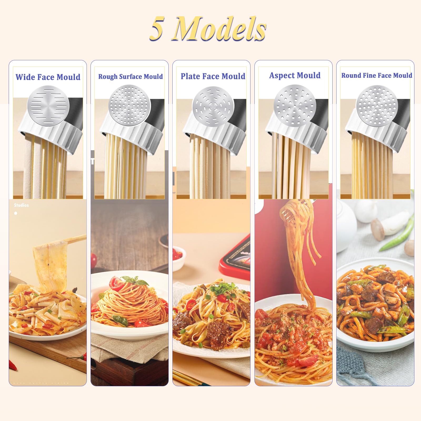 Machine à pâtes électrique, 50W Machine à nouilles automatique portable en acier inoxydable avec 5 disques à pâtes, Presses à Pâtes Electriques pour la machine à spaghetti maison Cuisine