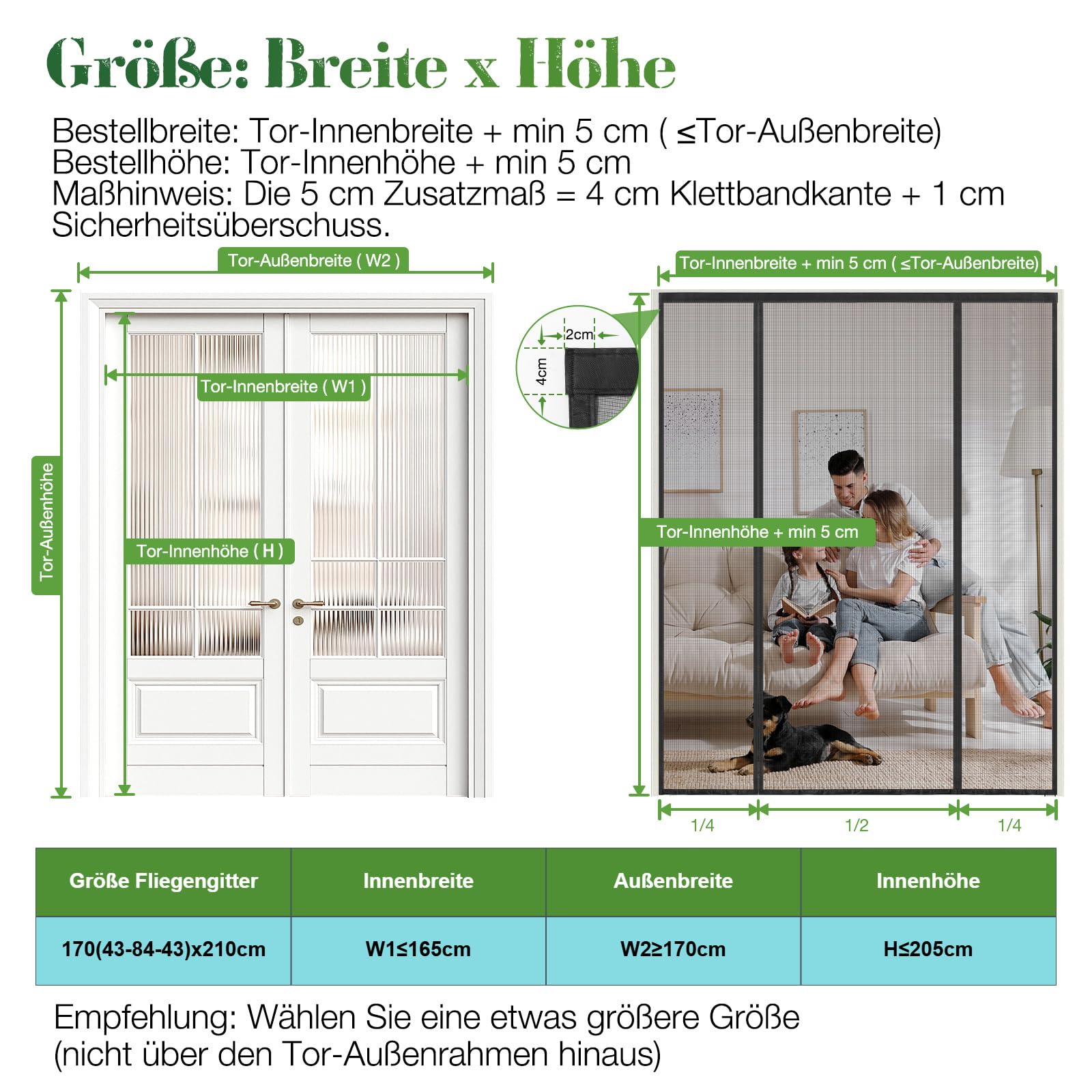 Magnet Fliegengitter Balkontür 170x210cm, Insektenschutz Doppeltür für Balkontür Terrassentür Schiebetür, Ohne Bohren Klebemontage, Stärkere Magnete, Schwarz