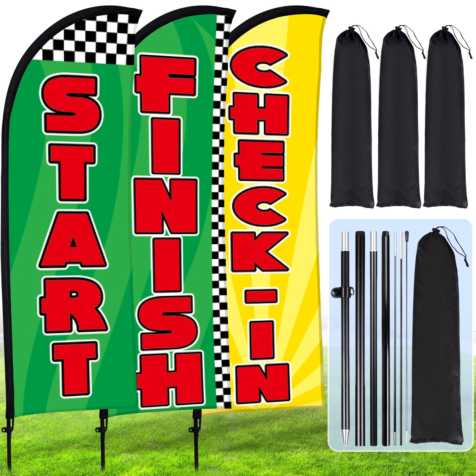 Buryeah 3 Sets Start Finish and Check-in Feather Flag 8 ft Start Advertising Banner Swooper Flag with Pole Kit and Ground Stake for Marathons and Special Events Outside, Green and Yellow