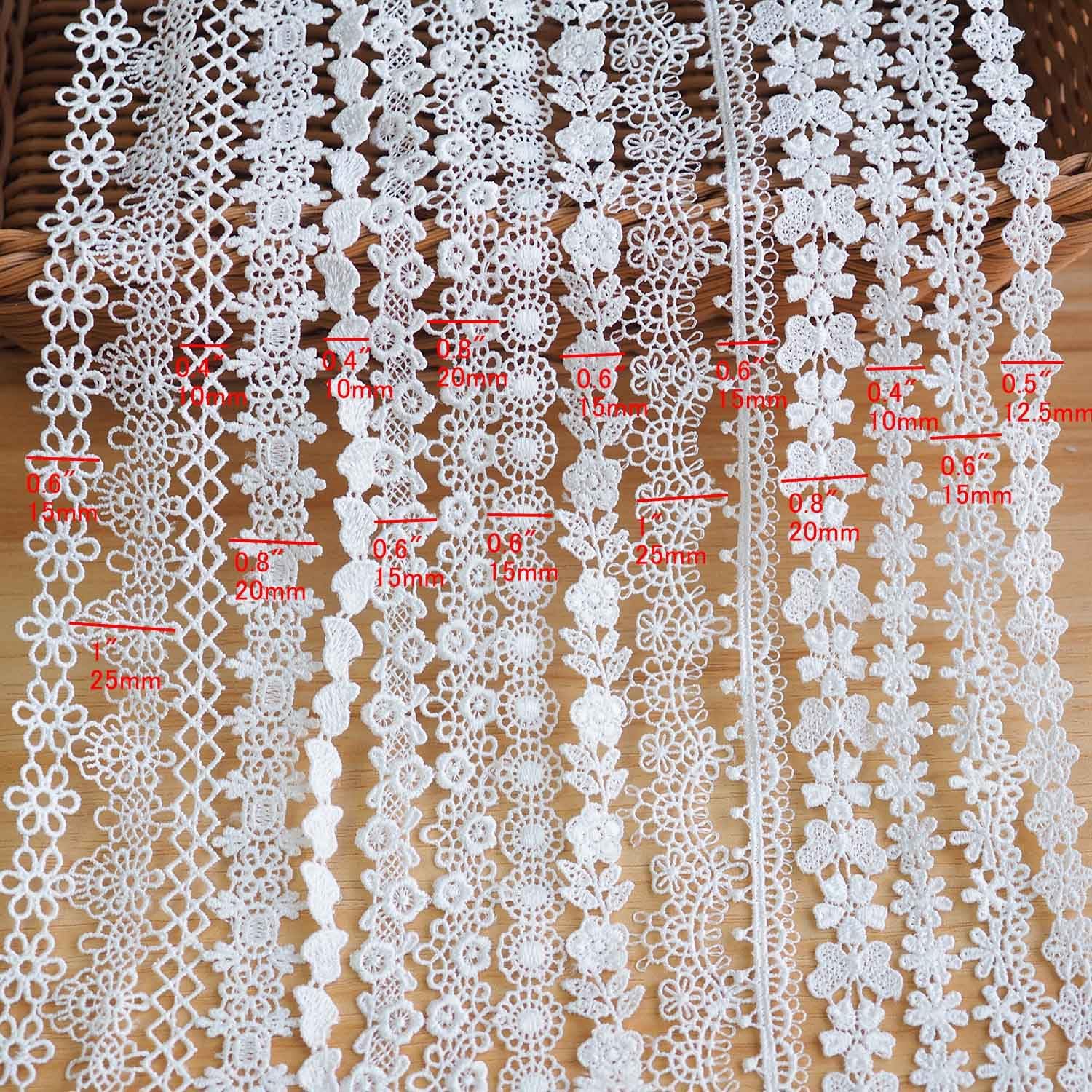 15 Yards(15 Types) Very Narrow Lace Trim Butterfly Flower Love Pattern for Doll Decor, DIY Crafting, Sewing, and Festive Holiday Home Accents Trim (White)
