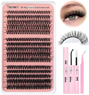 Yawamica Lash Extension Kit Wispy Volume Lash Clusters 40D+50D+60D Individual Lashes 10-18mm Eyelash Extension Kit D Curly 300pcs Eyelash Clusters with Waterproof Lash Bond and Seal and Lash Tweezers