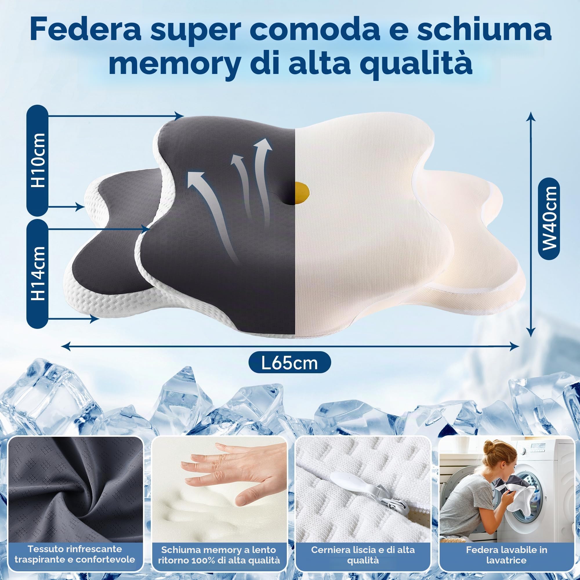 YunNasi Cuscino Cervicale Ortopedico Memory Foam per Dormire 65*40*14/10cm | Cuscino Ergonomico per Contorno, Cervicale Cuscino di Supporto per Collo, Federa Sfoderabile e Lavabile