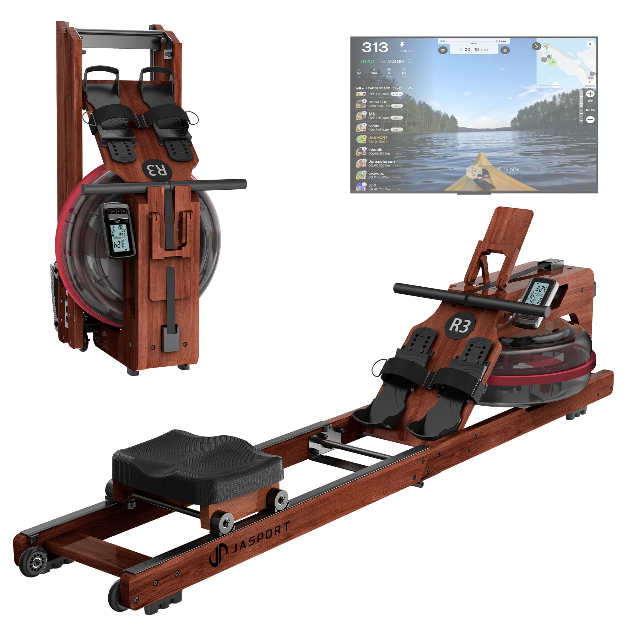 R3 Faltbares Rudergerät aus Eichenholz, mit Bluetooth-fähigem LCD-Display, kompatibel mit Kinomap, 28L Wassertank, belastbar bis 150 kg, ergonomischer Sitz, Verstellbarer Tablethalter