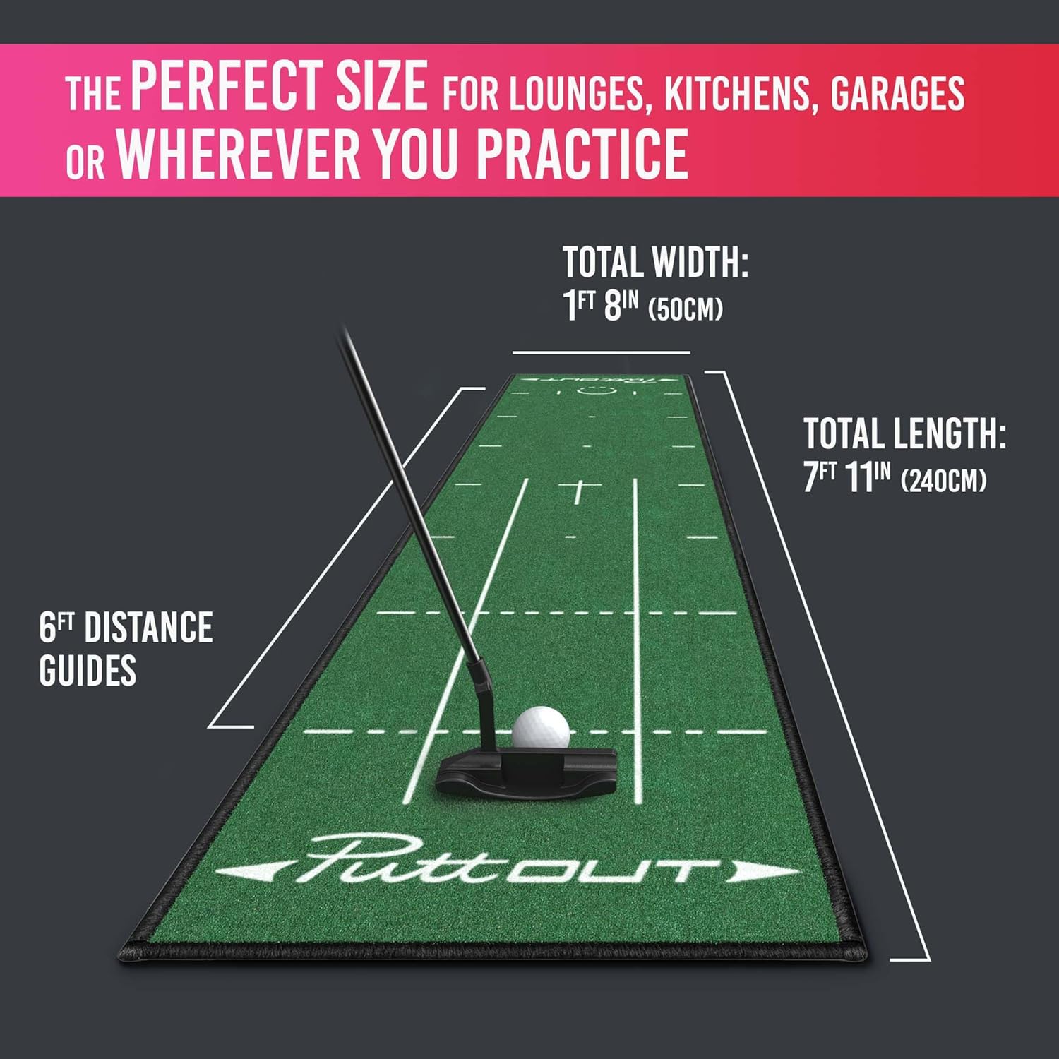 PuttOUT Medium Putting Mat - Perfect Your Golf Putting (7.9ft x 1.6ft)(Green)