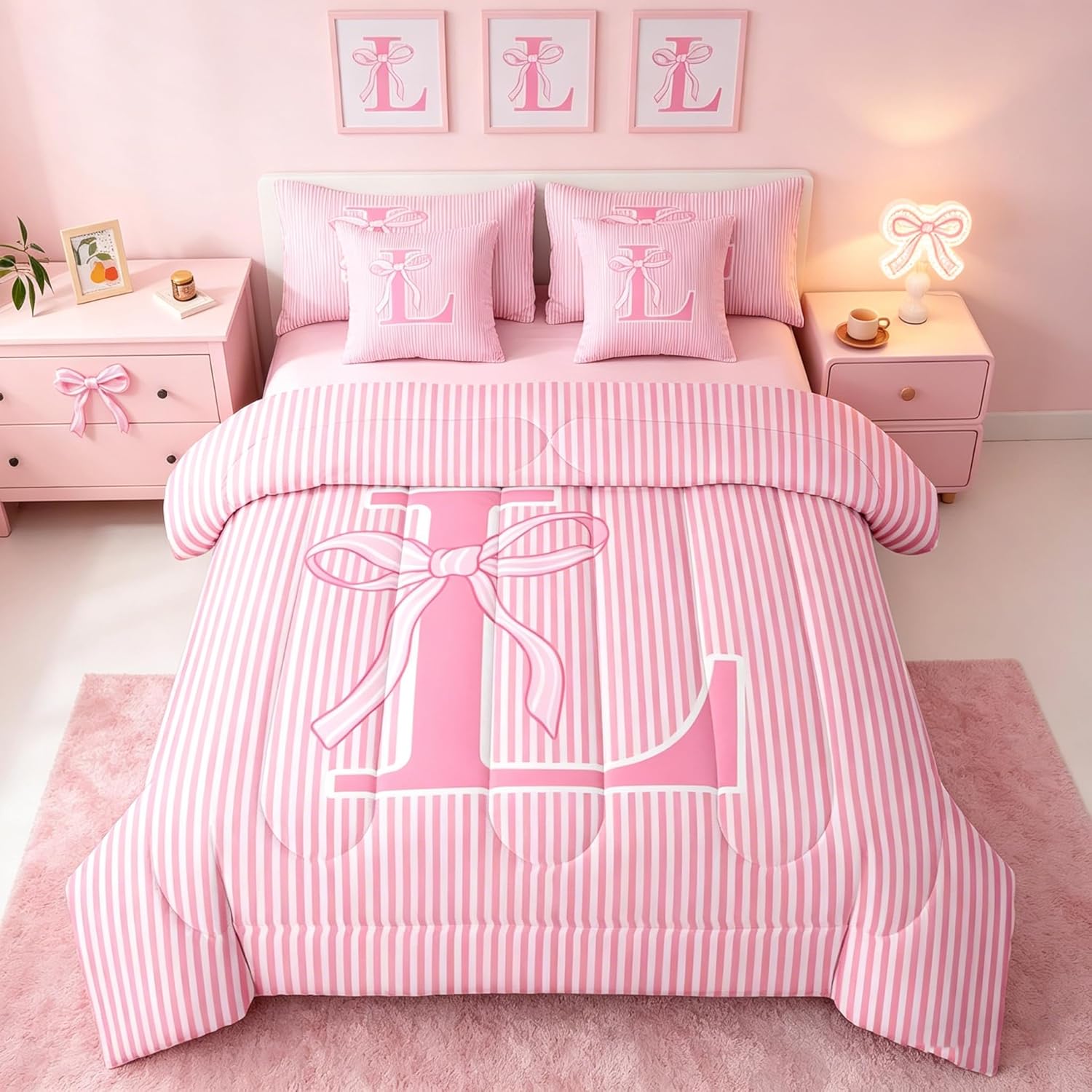 Feelyou Pink Bowknot Comforter Set Twin Size 7 Pieces Dreamy Princess Bow Bedding Set for Kids Boys Girls Personalized Letter L Bed in a Bag with Comforter, Sheets, Pillowcases, Cushion Covers Quilted
