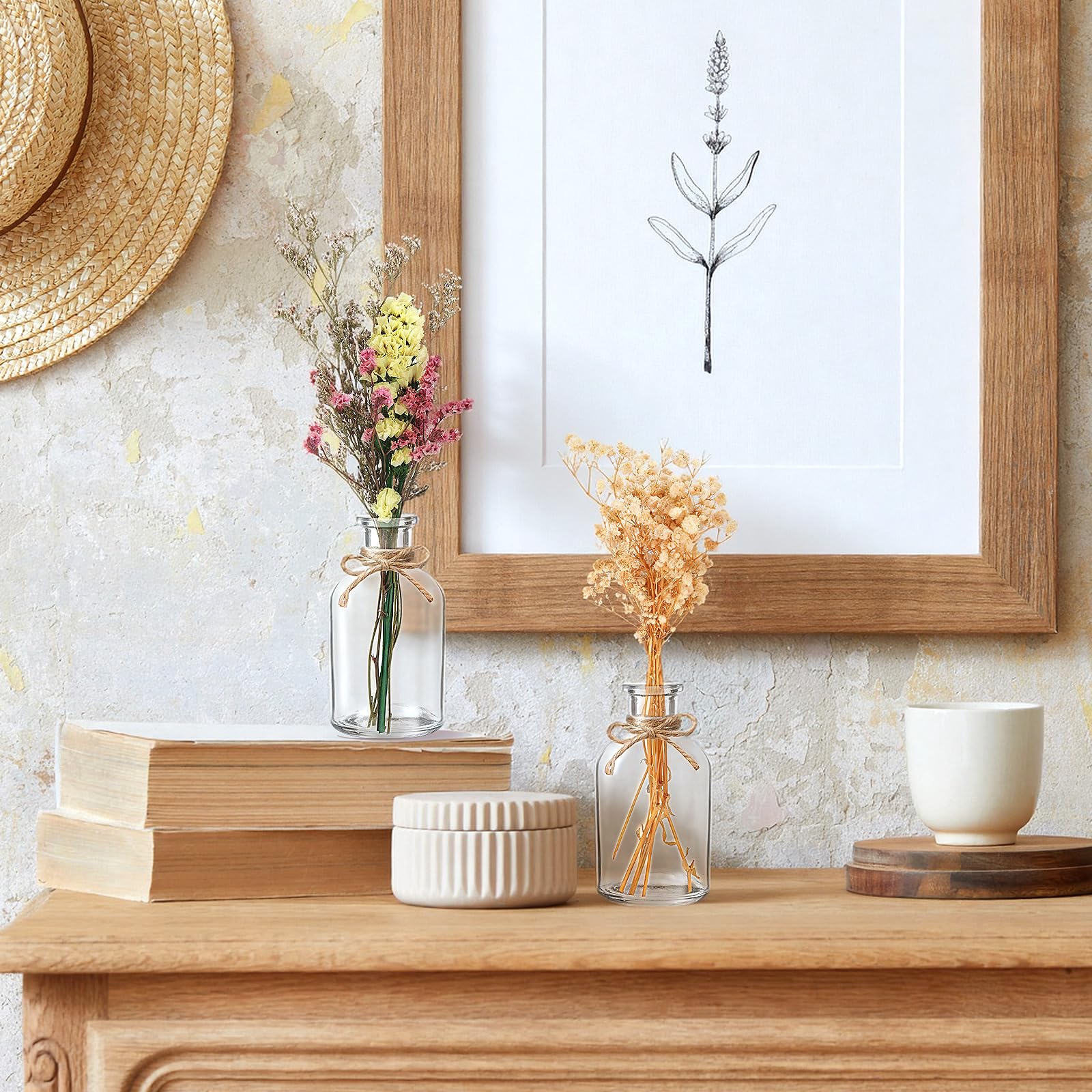 Nuanchu Set di 10 fiori secchi per vaso, centrotavola per matrimoni, 10 piccoli vasi in vetro, 10 bouquet di fiori secchi con corda per baby shower, decorazione rustica per feste nuziali in fattoria