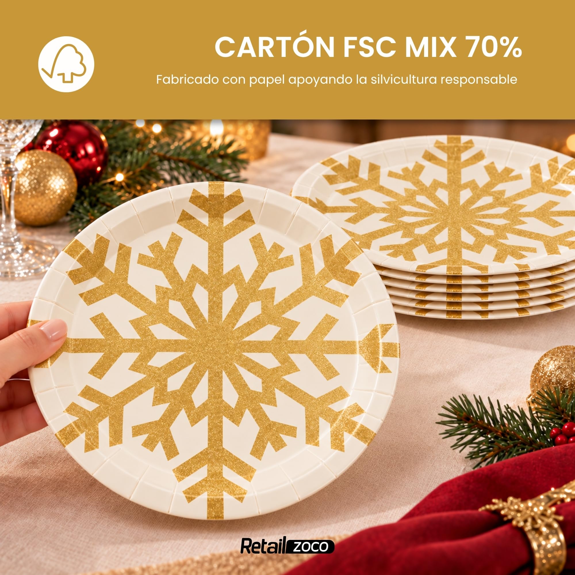 Platos de cartón, Platos Desechables cartón, Copos Navidad, 6 Unidades - imagen 6