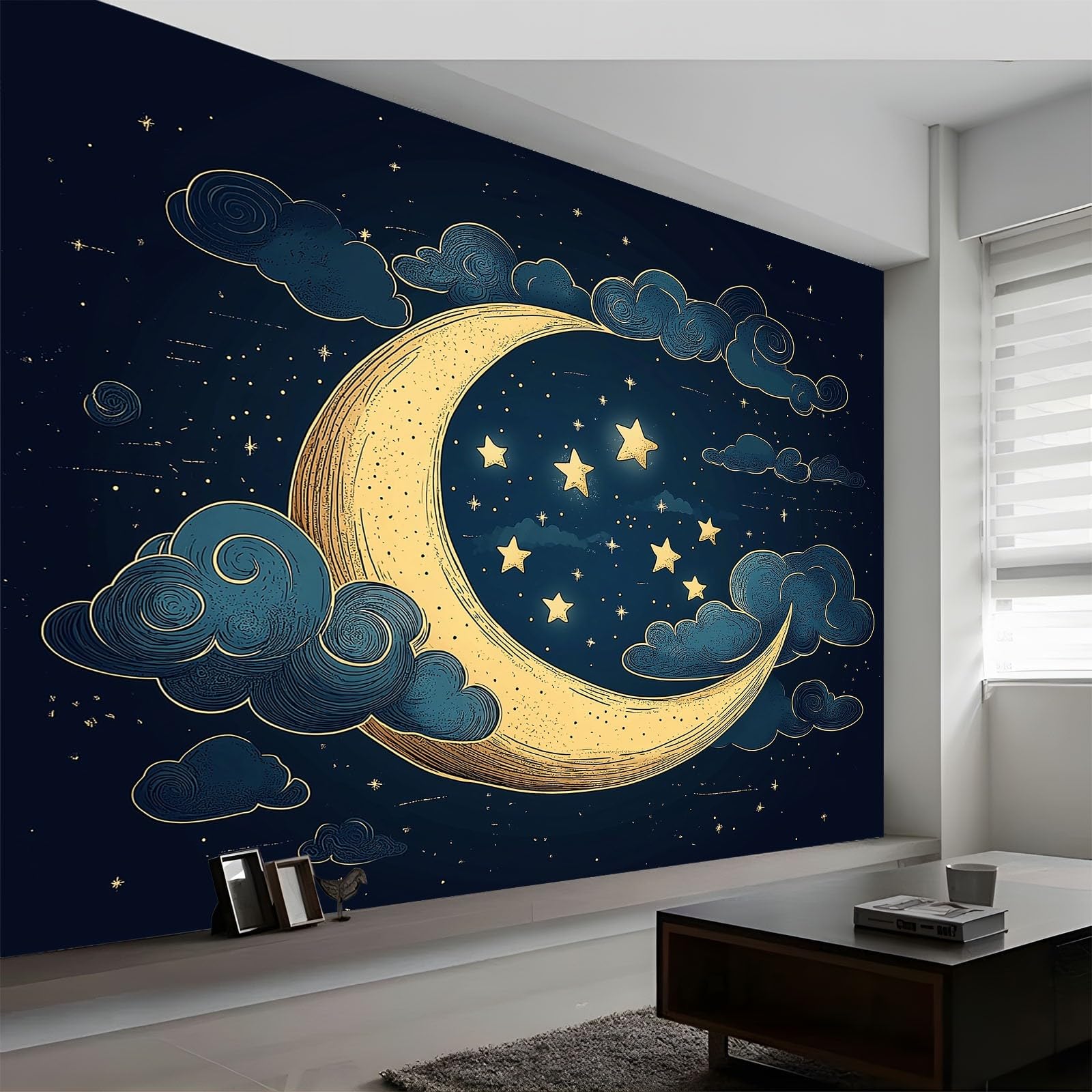 Generico Kreskówka Księżyc Gwiazdy Chmury 3D Tapeta panoramiczna 300 x 210 cm, Fototapeta Włóknina | Dekoracja Fototapeta Sypialnia Ciemnoniebieska dla dzieci,