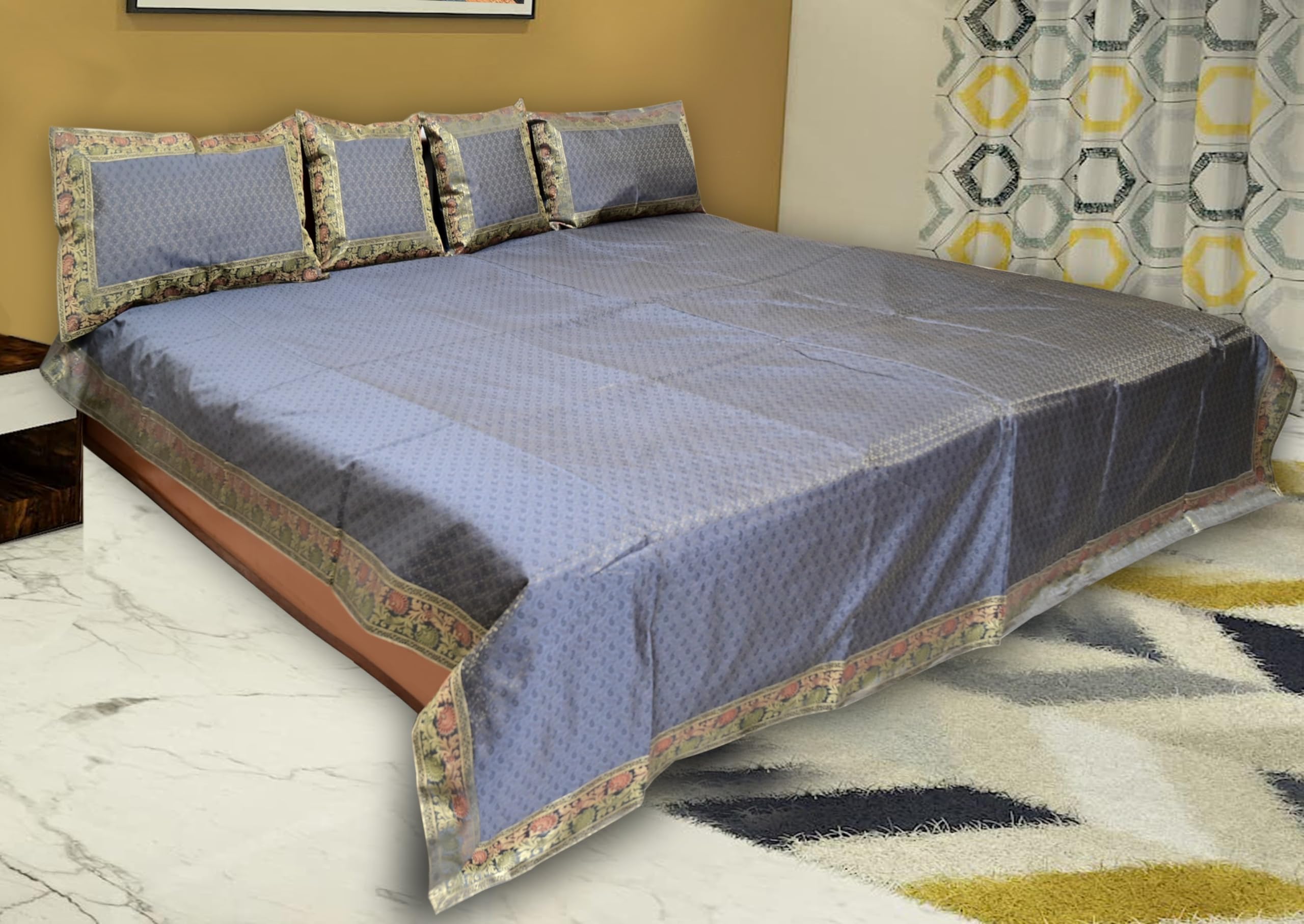 House of Silko Traditional Grey Gold All Over Banarasi Jacquard booti and Woven zari Border Double Bedcover Bedding Set of 5 pcs Including 2 Cushion Covers 16x16, 2 Pillow Covers-image-27