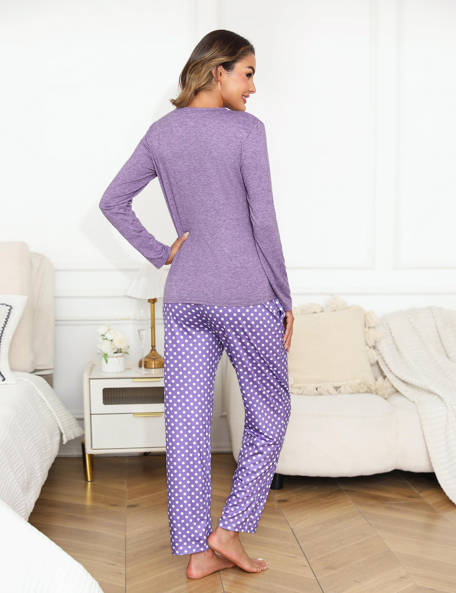 Uniexcosm Pigiama per Donna Pigiama Donna Cotone Lungo Leggero Gatto Girocollo Maniche Lunghe Pigiama Due Pezzi Donna a Tasche Laterali