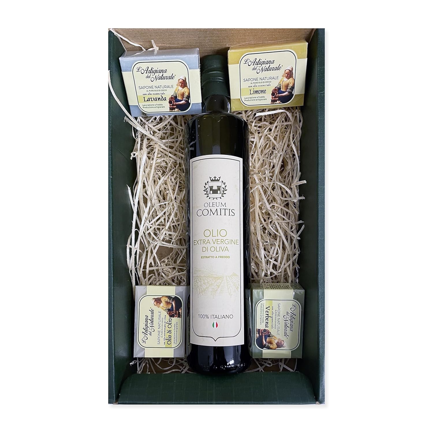 Oleum Comitis - Extra Virgin Olive Oil 100% Italian Cold Pressed - Gift Box with 500 ml Bottle and 4 Natural Soaps of 100 g