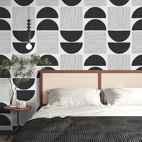Miniatura 4 de VEELIKE Papel tapiz moderno de mediados de siglo en blanco y negro, papel tapiz geométrico abstracto para dormitorio, baño, 17.7 x 118 pulgadas,