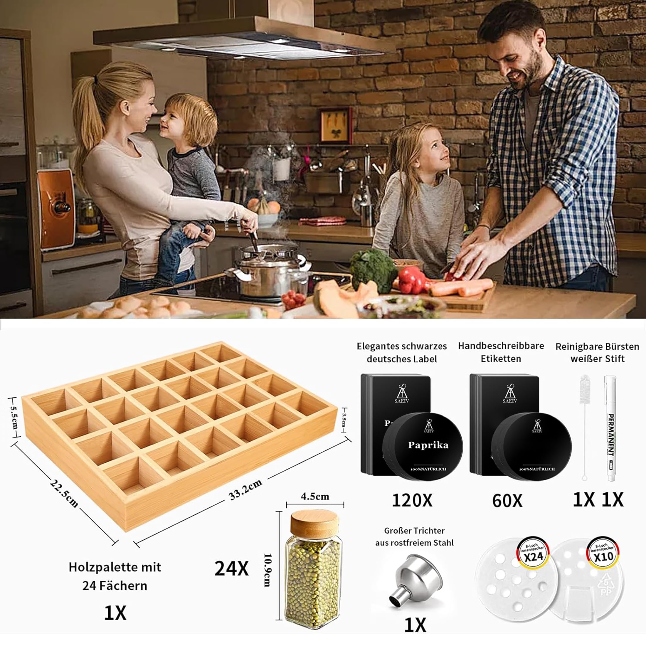 SAEIV Gewürzgläser Set 24 Stück Eckig mit Bambusdeckel & Gewürzregal, Borosilikatglas Luftdicht, inklusive Deutschen Gewürzetiketten, Einfülltrichter und Reinigungsbürste, Gewürzaufbewahrung