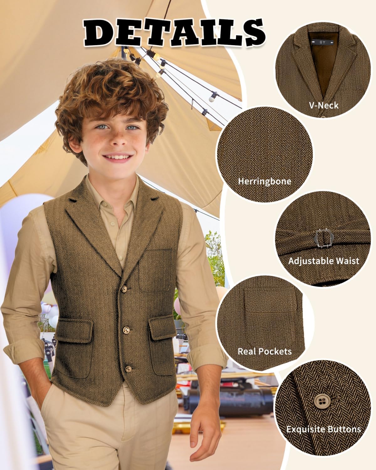 Bakerbear Boys Classic Tweed Vest for Kids Casual Retro Western Waistcoat | Herringbone, notched lapel vests, large breast pocket, flap pockets, adjustable back, Wedding School Birthday Christmas