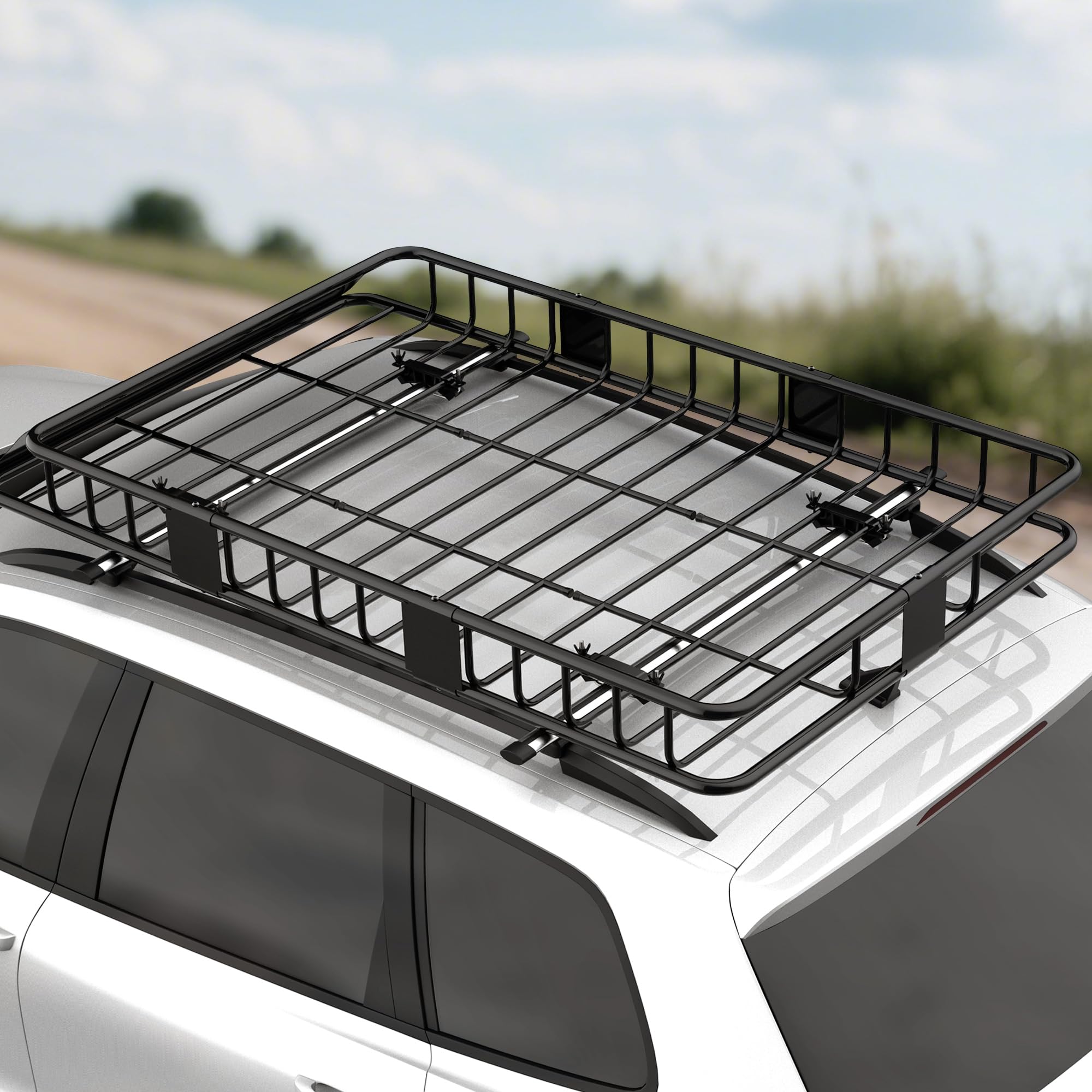 HOMCOM Cesta de Techo Coche Longitud Ajustable Baca Techo Universal Maletero Cesta Maletero Estante Metal Negro 162 x 99 x 16 cm | Portaequipajes de metal para camping, barbacoas, viajes en coche