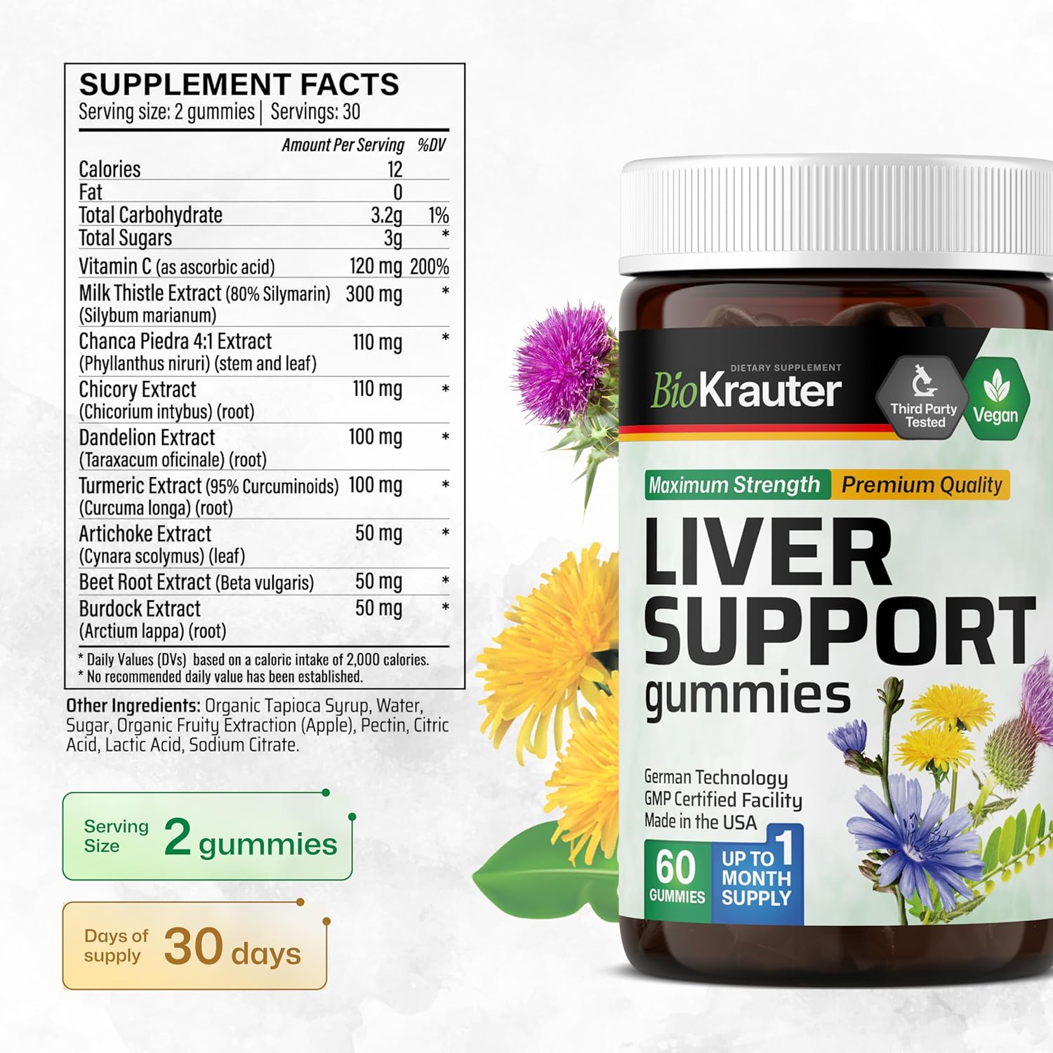 BIO KRAUTER® 9-in-1 Liver Detox with Vitamin C, Milk Thistle, Turmeric, Dandelion Root, Beet Root, Chanca Piedra for Liver Support - Vegan Liver Supplement, 60 Gummies, 30 Days of Supply - Non-GMO