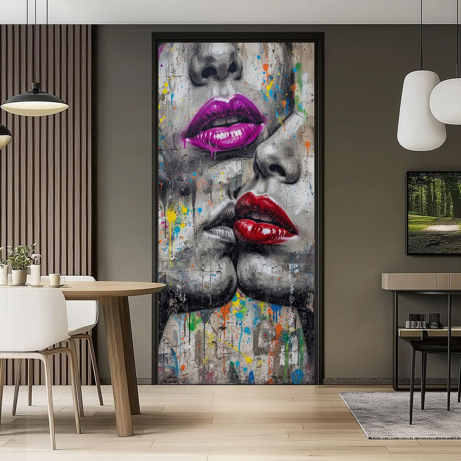 Papel pintado autoadhesivo para puerta de graffiti, 90 x 200 cm, 3D para salón, baño, gris, resistente al agua, póster para puerta, película americana, calle americana, labios brillantes, pintura en