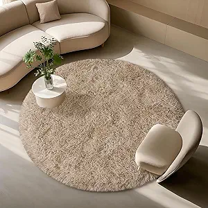 Beige Round Rugs for Bedroom 4x4 ft - Ultra Soft Faux Fur Area Rug - Plush Non-Slip Shaggy Carpet for Living Room, Cozy Fluffy Rug for Kids Boys Girls Dorm Nursery Room, High Pile Floor Carpet